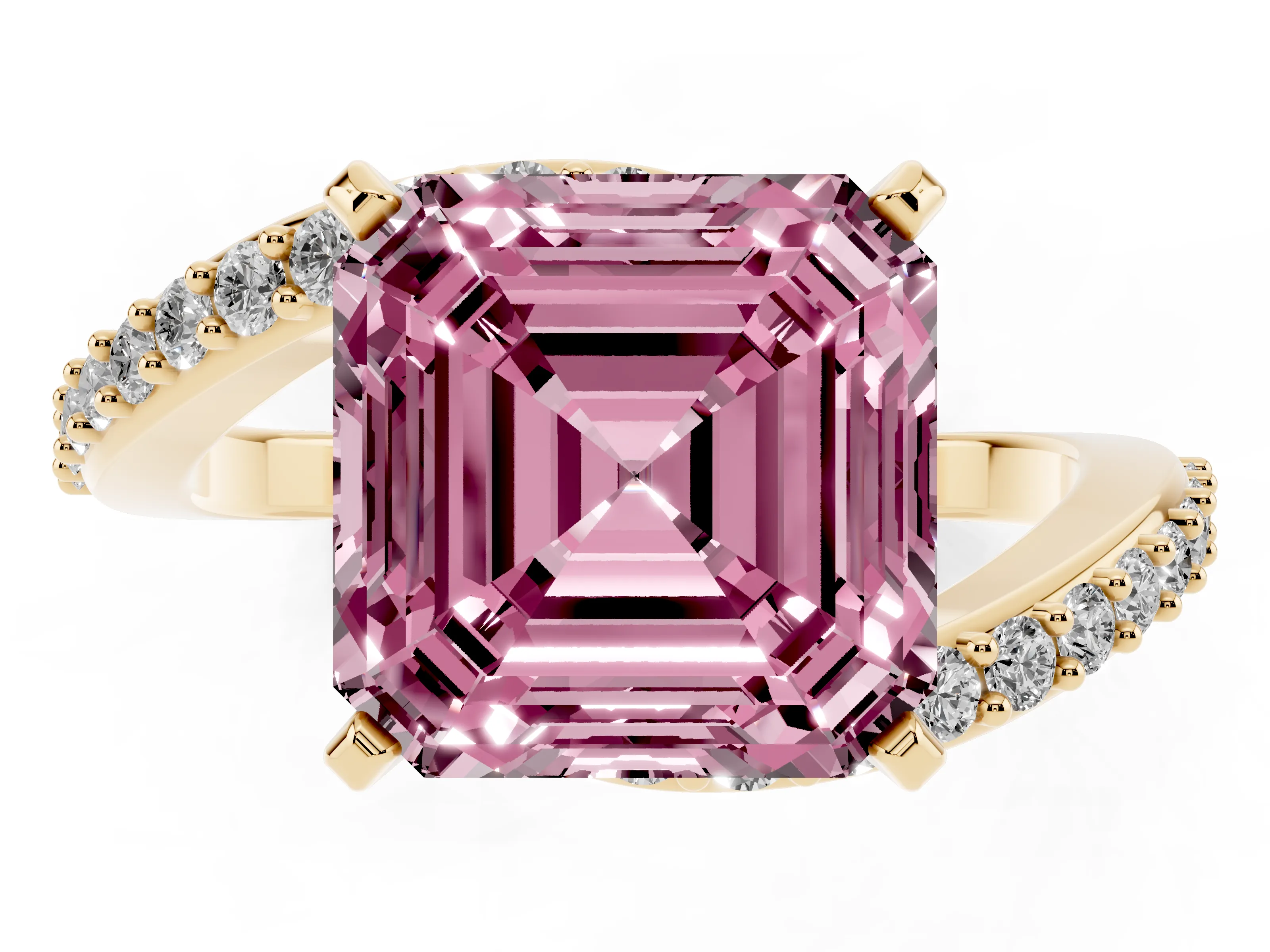 Fancy Pink Asscher Cut Diamond Solitaire Ring Set in Yellow gold with Pavé Twist Band and Prong Setting