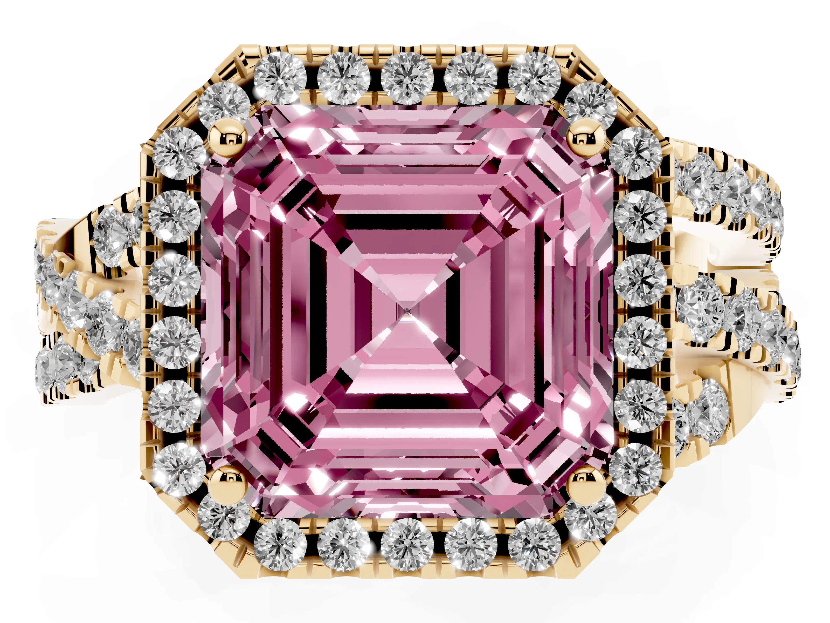 Fancy Pink Asscher Cut Diamond Halo Ring Set in Yellow gold with Round Crossover Split Shank and Prong Setting