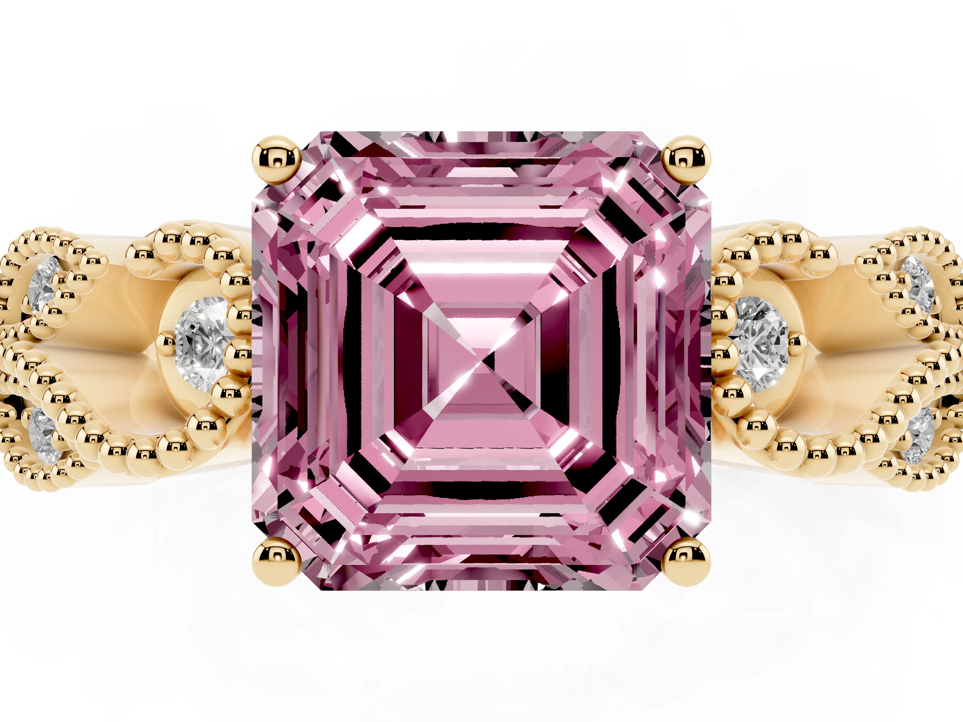 Fancy Pink Asscher Cut Diamond Milgrain Leaf Band Solitaire Ring Set in Yellow gold with Accent Stones and Prong Setting
