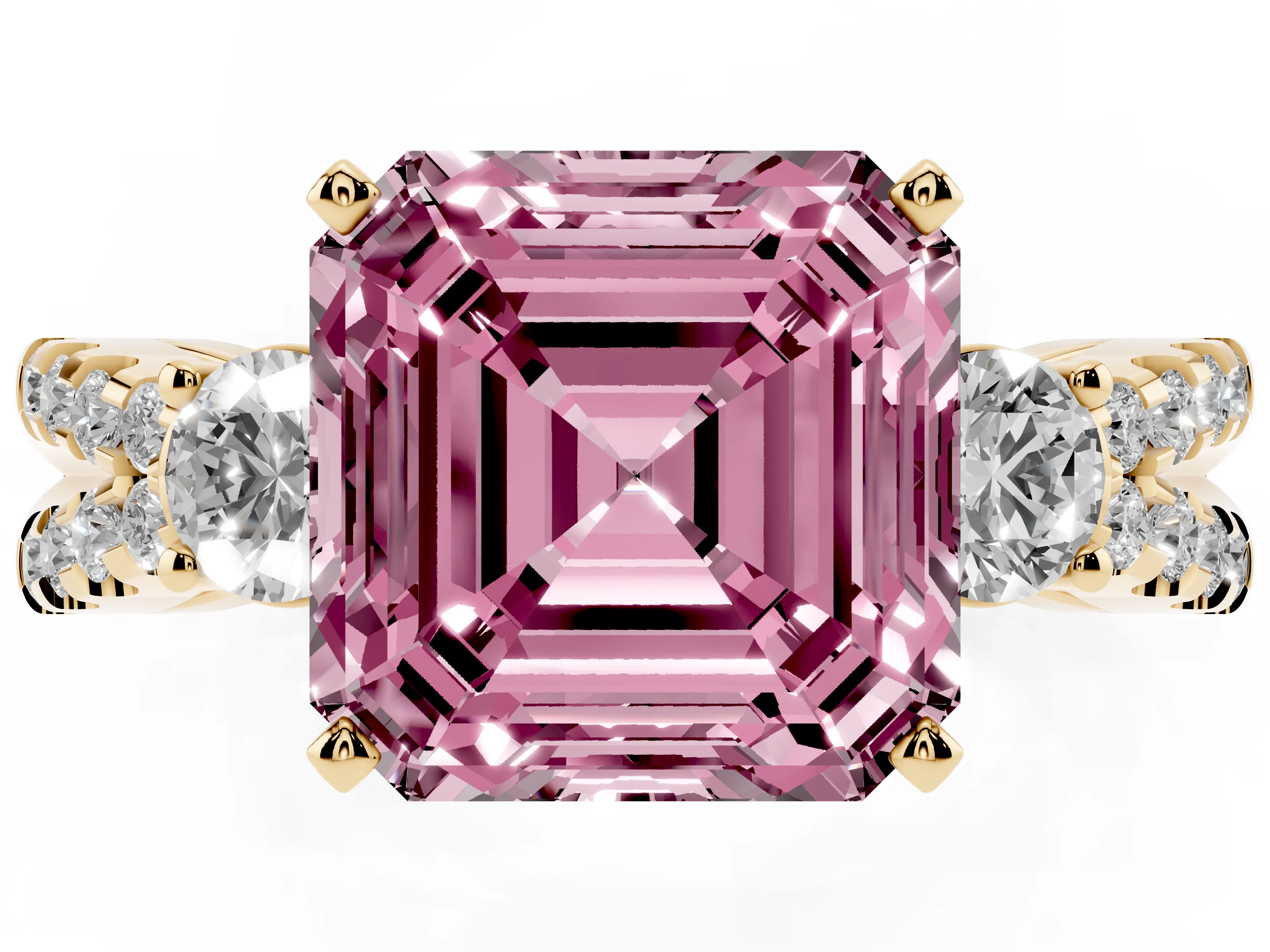 Fancy Pink Asscher Cut Diamond Three-Stone Ring Set in Yellow gold with Pavé Split Shank and Prong Setting