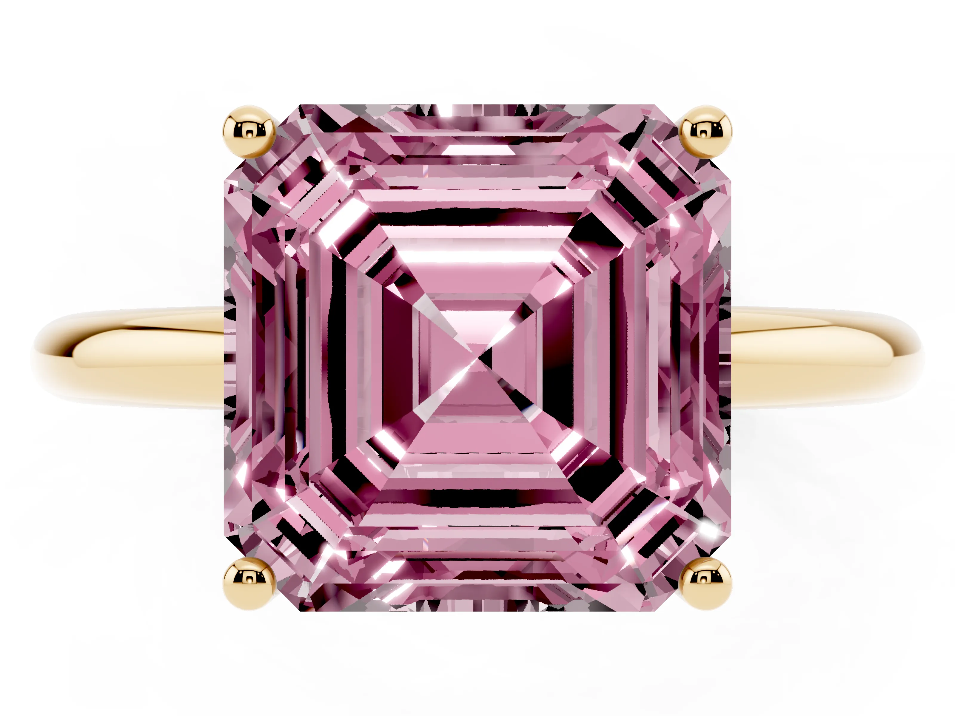 Fancy Pink Asscher Cut Diamond Solitaire Engagement Ring Set in Yellow gold with Prong Setting and Polished Band
