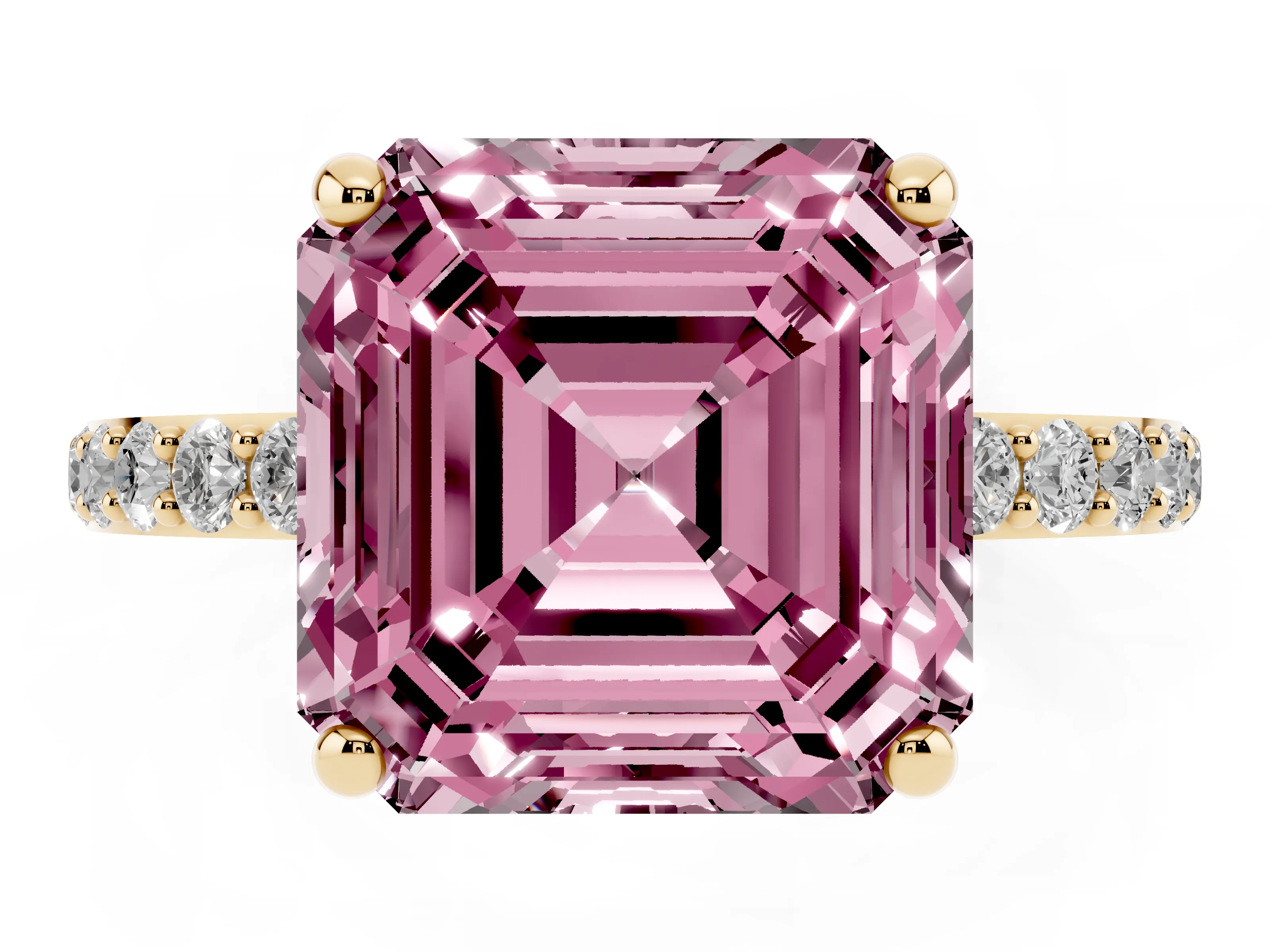 Fancy Pink Asscher Cut Diamond Solitaire Ring Set in Yellow gold with Round Pavé Band and Prong Setting