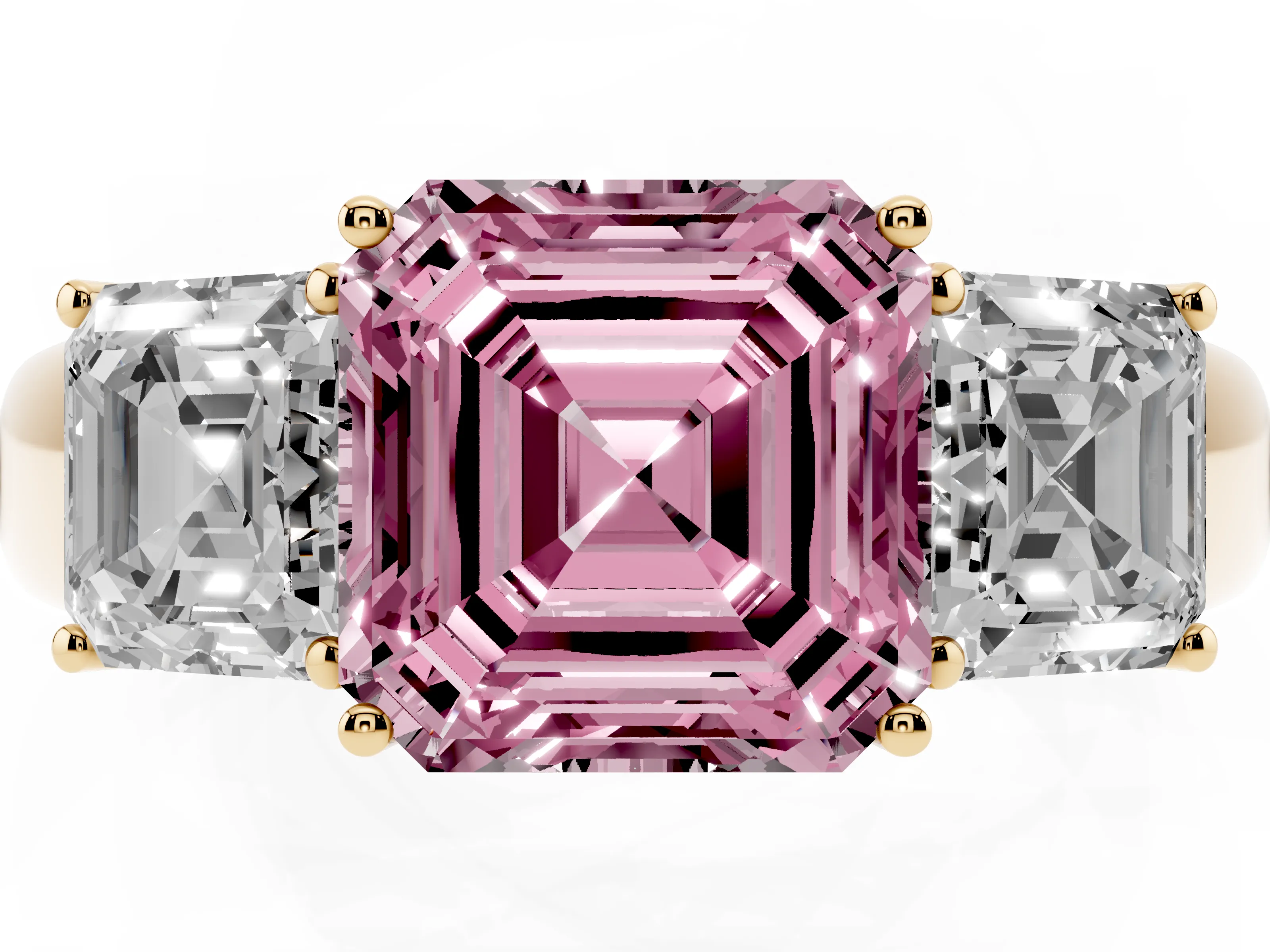 Fancy Pink Three-Stone Asscher Cut Diamond Ring Set in Yellow gold with Matching Prong Settings and Plain Band