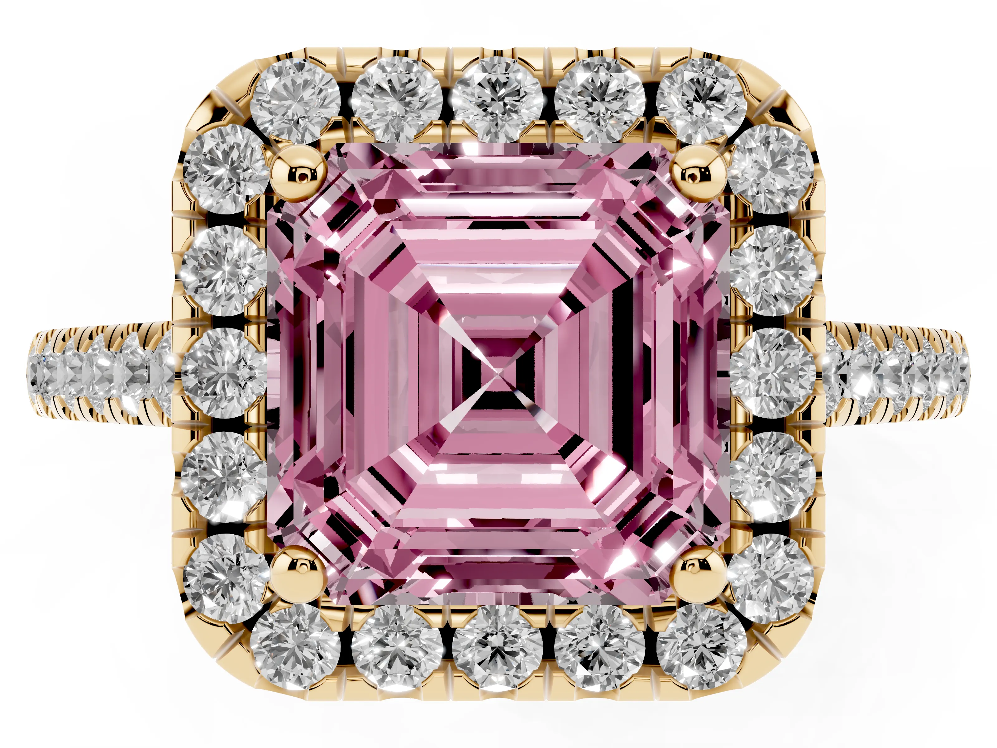 Fancy Pink Asscher Cut Diamond Pavé Halo Engagement Ring Set in Yellow gold with Pavé Band and Prong Setting