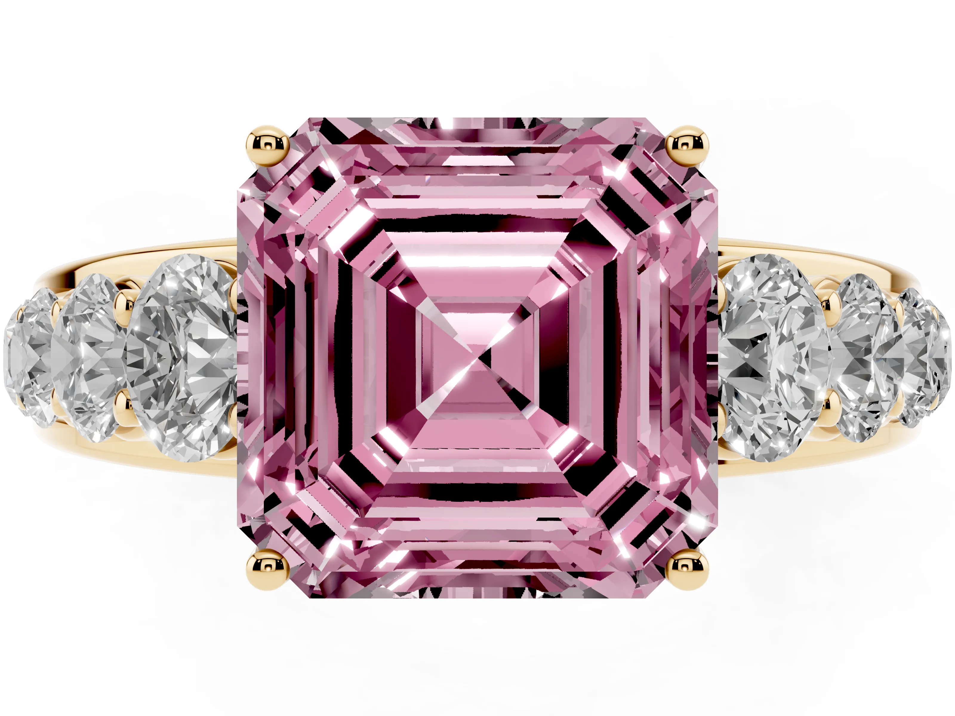 Fancy Pink Asscher Cut Diamond Solitaire Ring Set in Yellow gold with Pavé-Set Band and Prong Setting