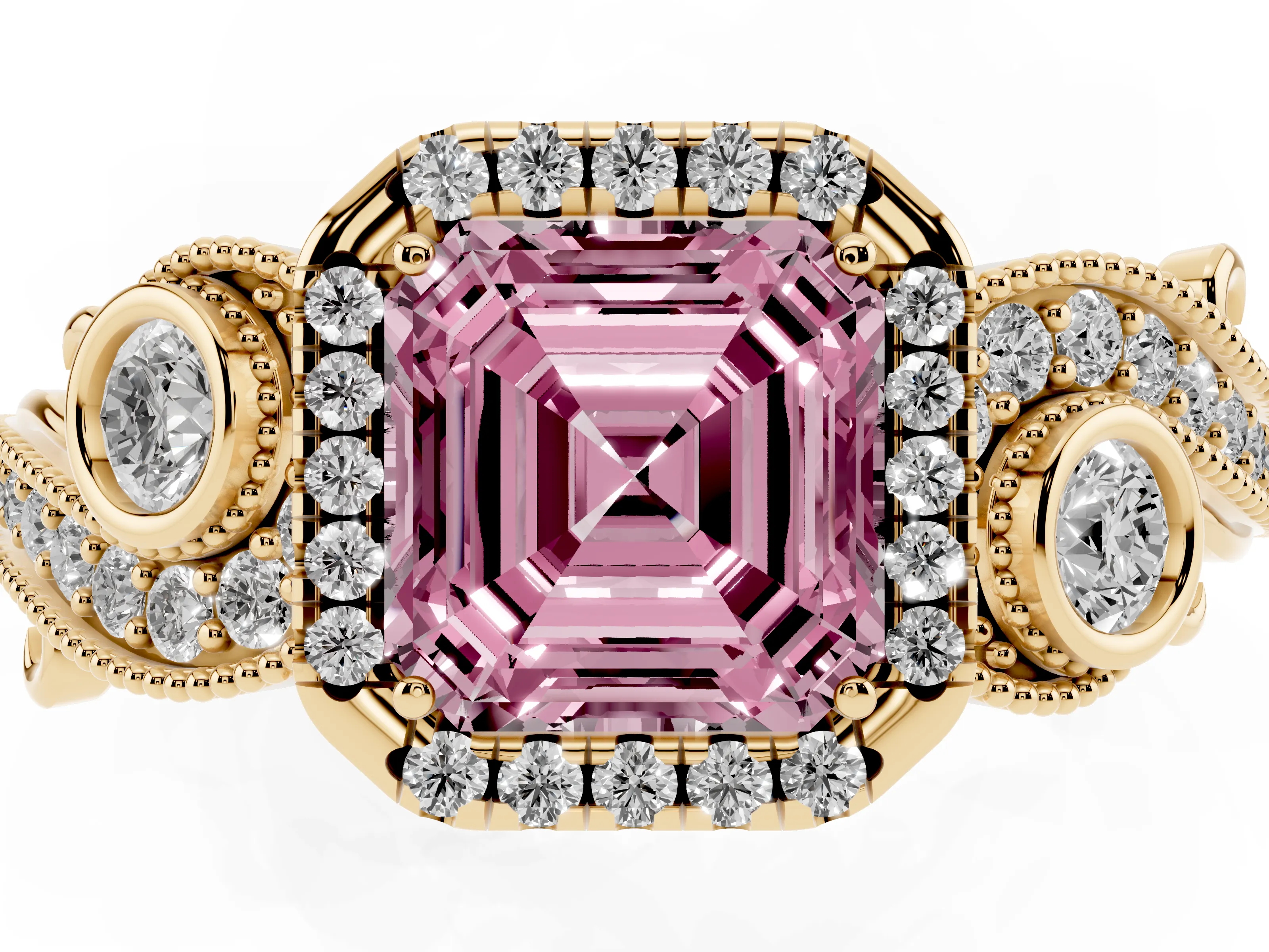 Asscher Cut Halo Engagement Ring Setting for a Fancy Pink Lab-Grown Diamond | Yellow Gold - Design NV-24754