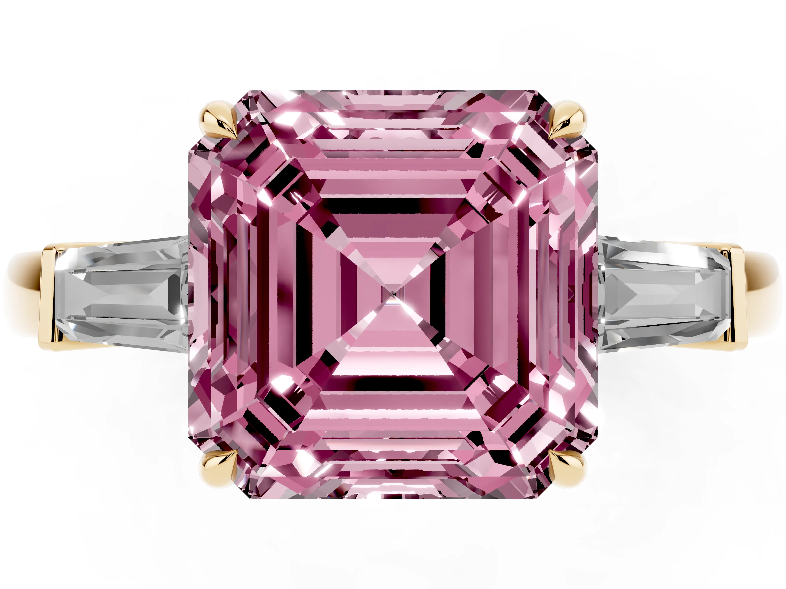 Fancy Pink Asscher Cut Diamond Three-Stone Ring Set in Yellow gold with Tapered Baguette Side Stones and Prong Setting