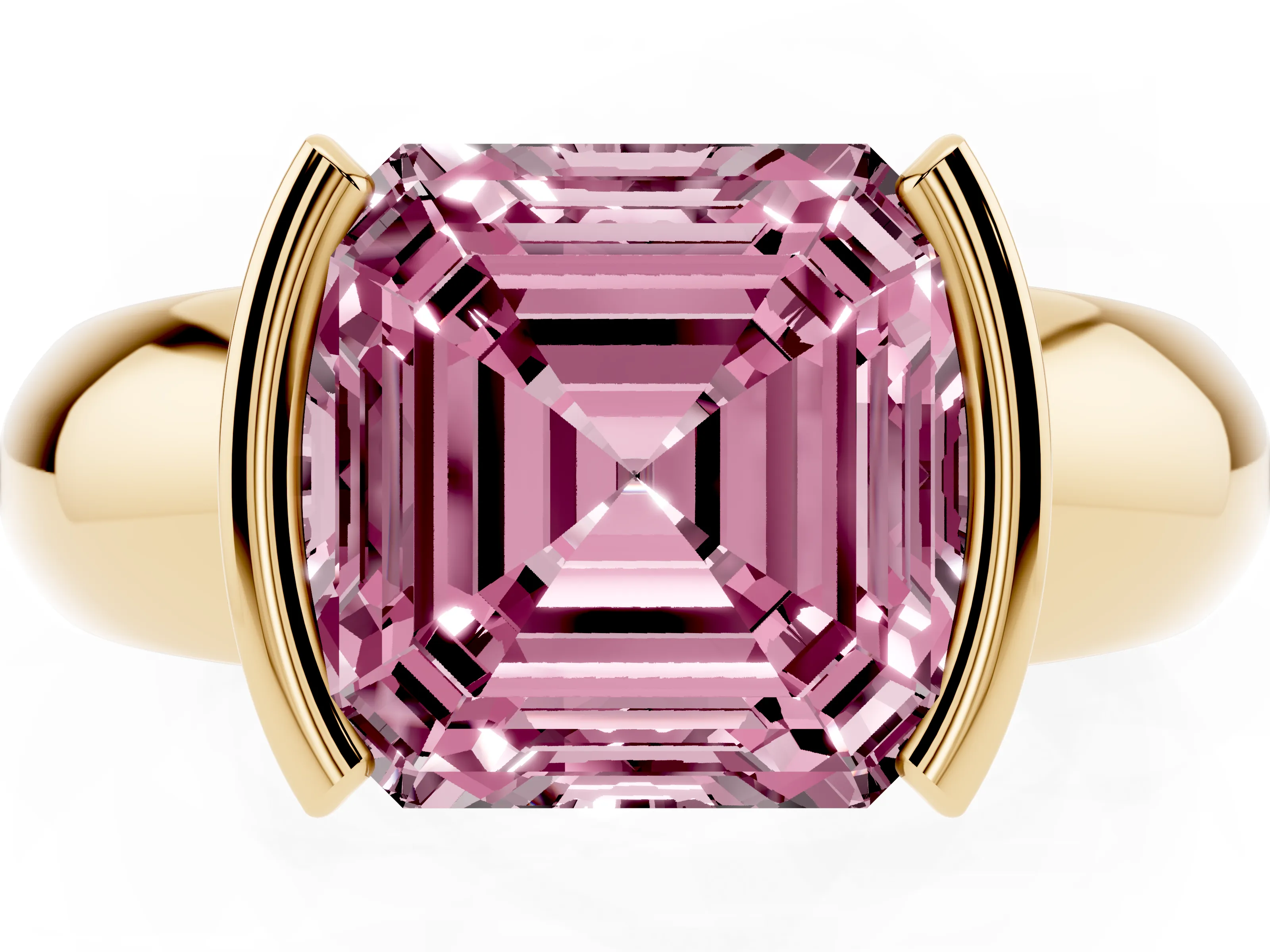 Fancy Pink Asscher Cut Diamond Solitaire Tension Set Ring Set in Yellow gold with Wide Band