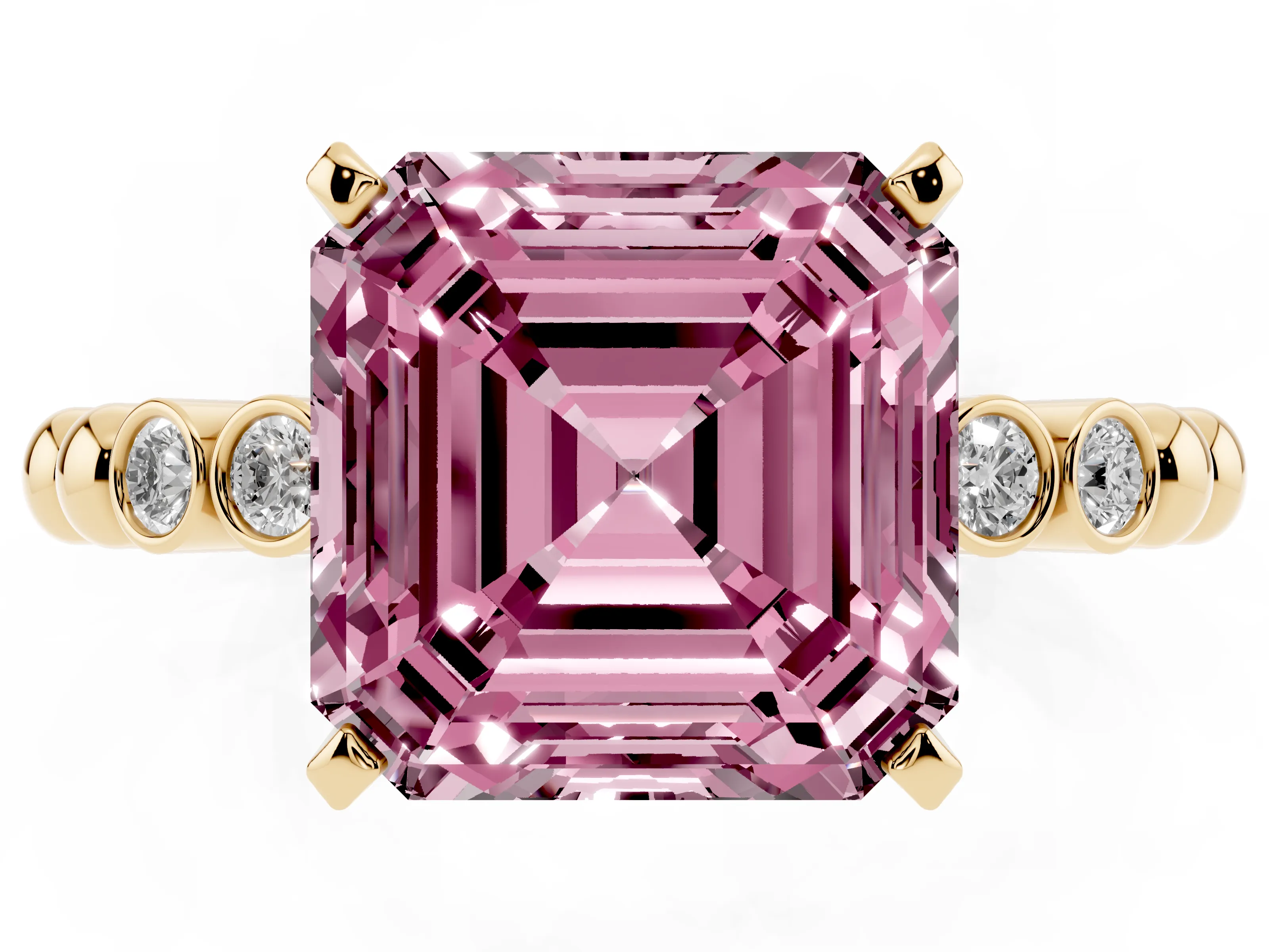 Fancy Pink Asscher Cut Diamond Solitaire Engagement Ring Set in Yellow gold with Bezel Accents on Beaded Band
