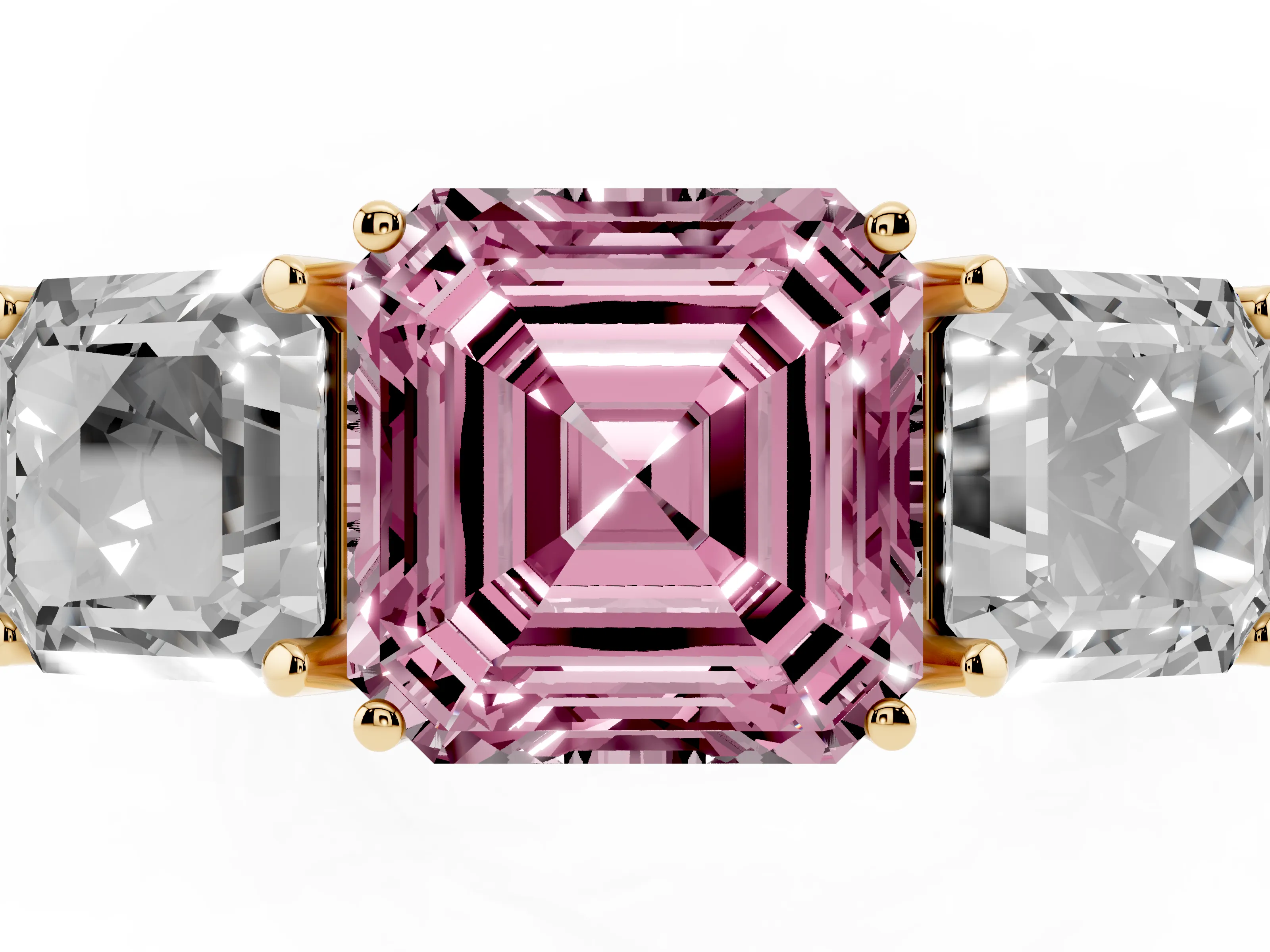 Fancy Pink Asscher Cut Diamond Three-Stone Engagement Ring Set in Yellow gold with Milgrain Pavé Band