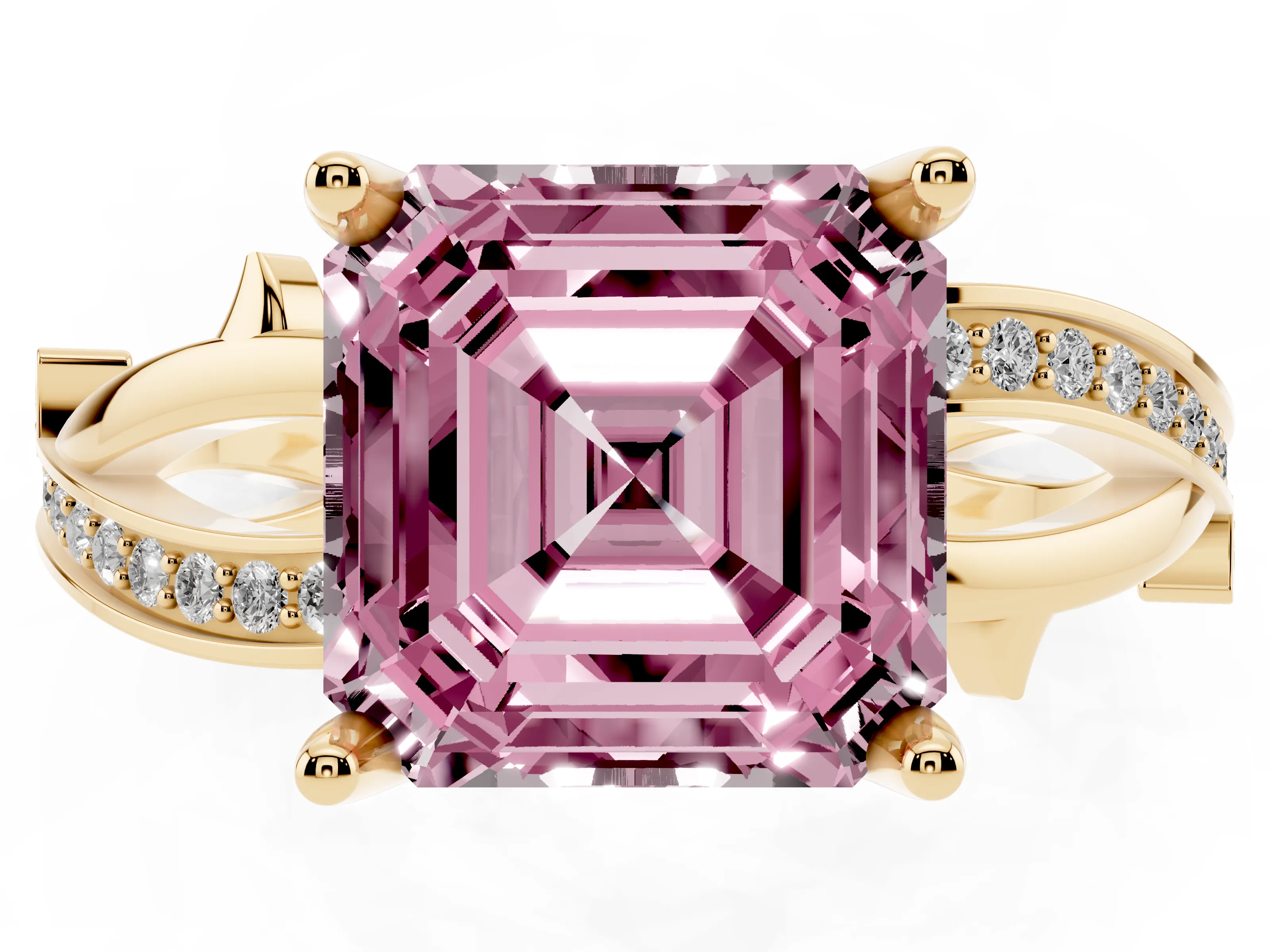 Fancy Pink Asscher Cut Diamond Pavé Twist Band Solitaire Ring Set in Yellow gold with Prong Setting