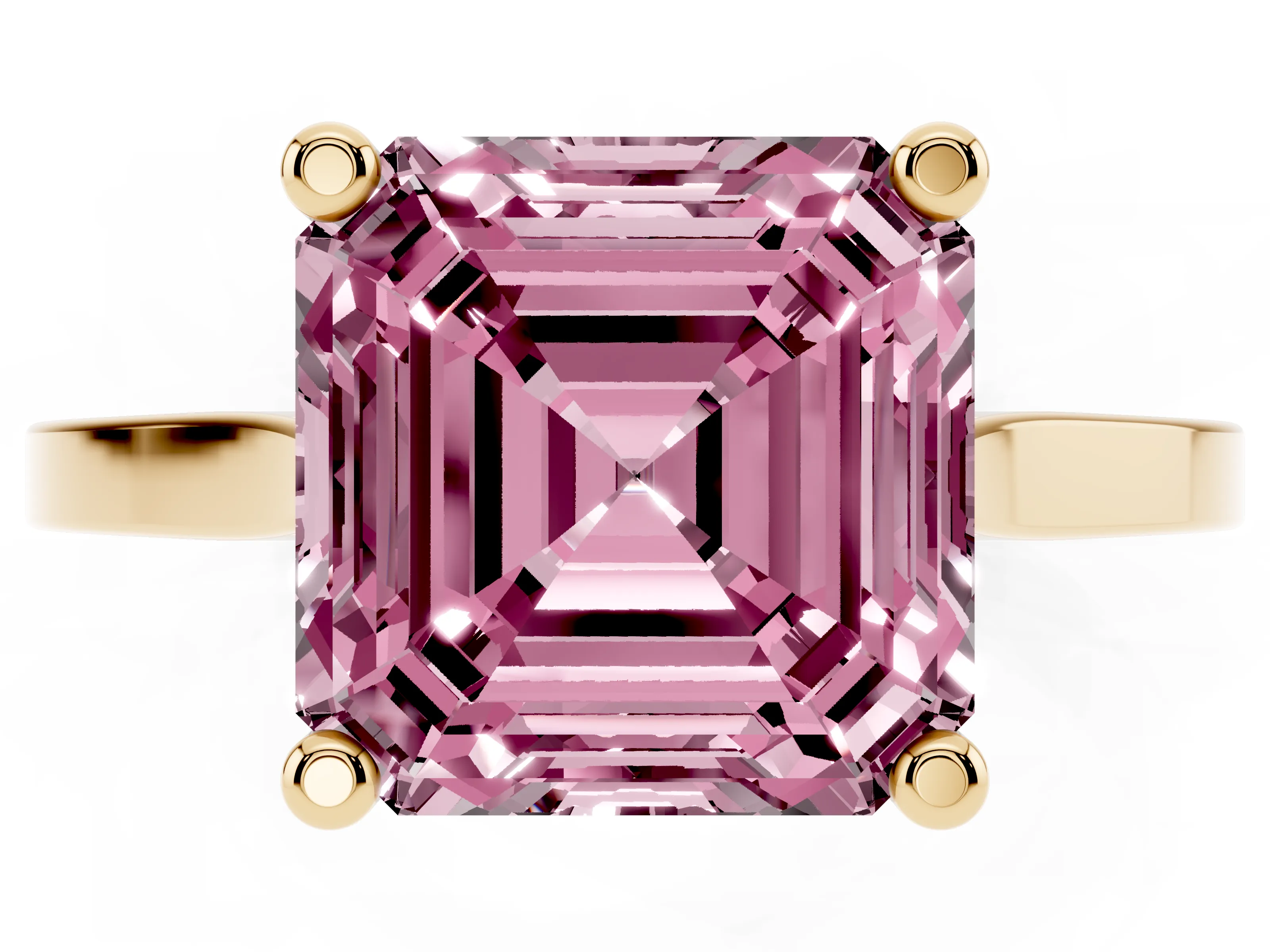 Fancy Pink Asscher Cut Diamond Solitaire Ring Set in Yellow gold with Prong Setting and Tapered Band