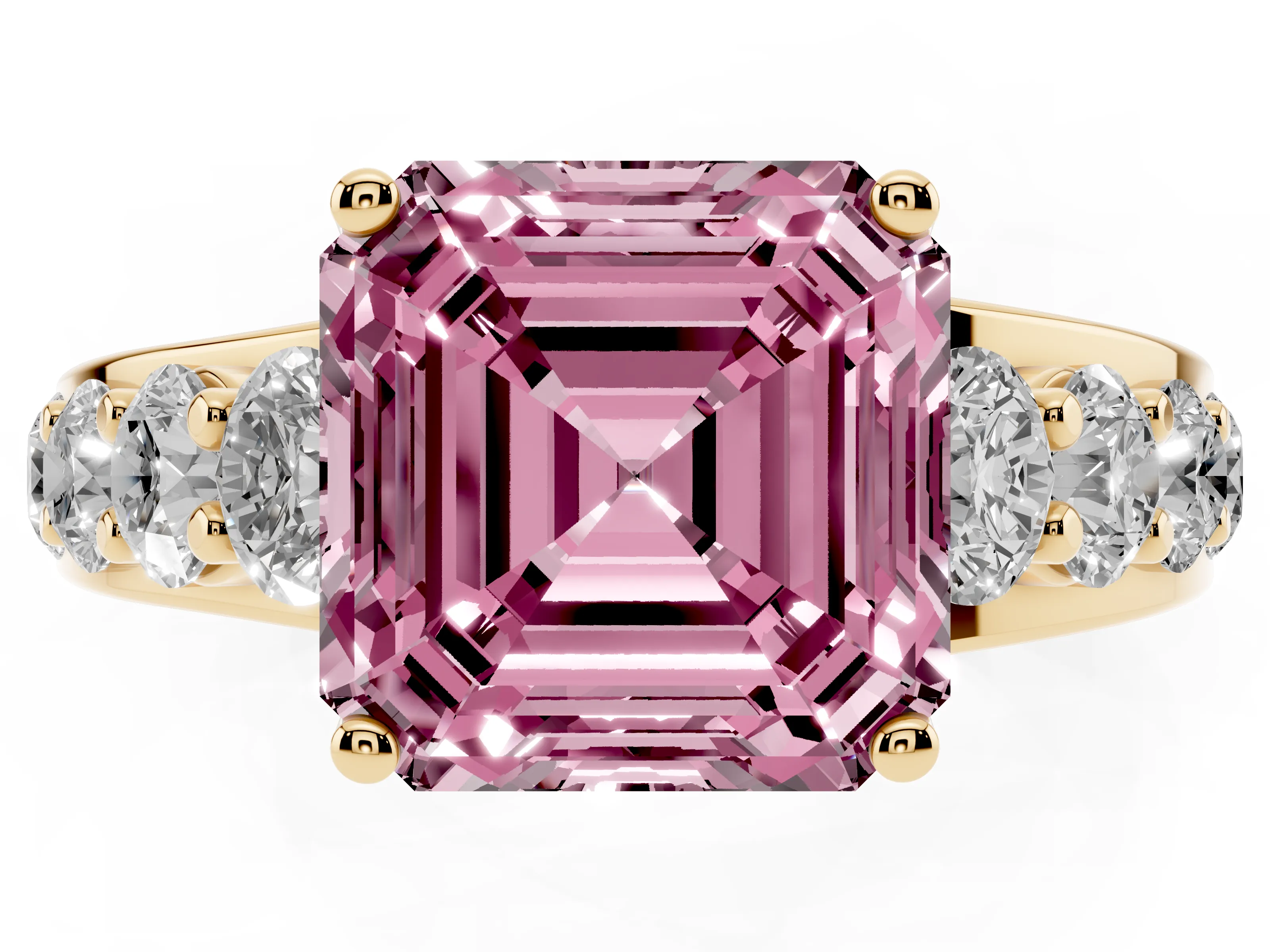 Fancy Pink Asscher Cut Diamond Pavé Engagement Ring Set in Yellow gold with Prong Setting