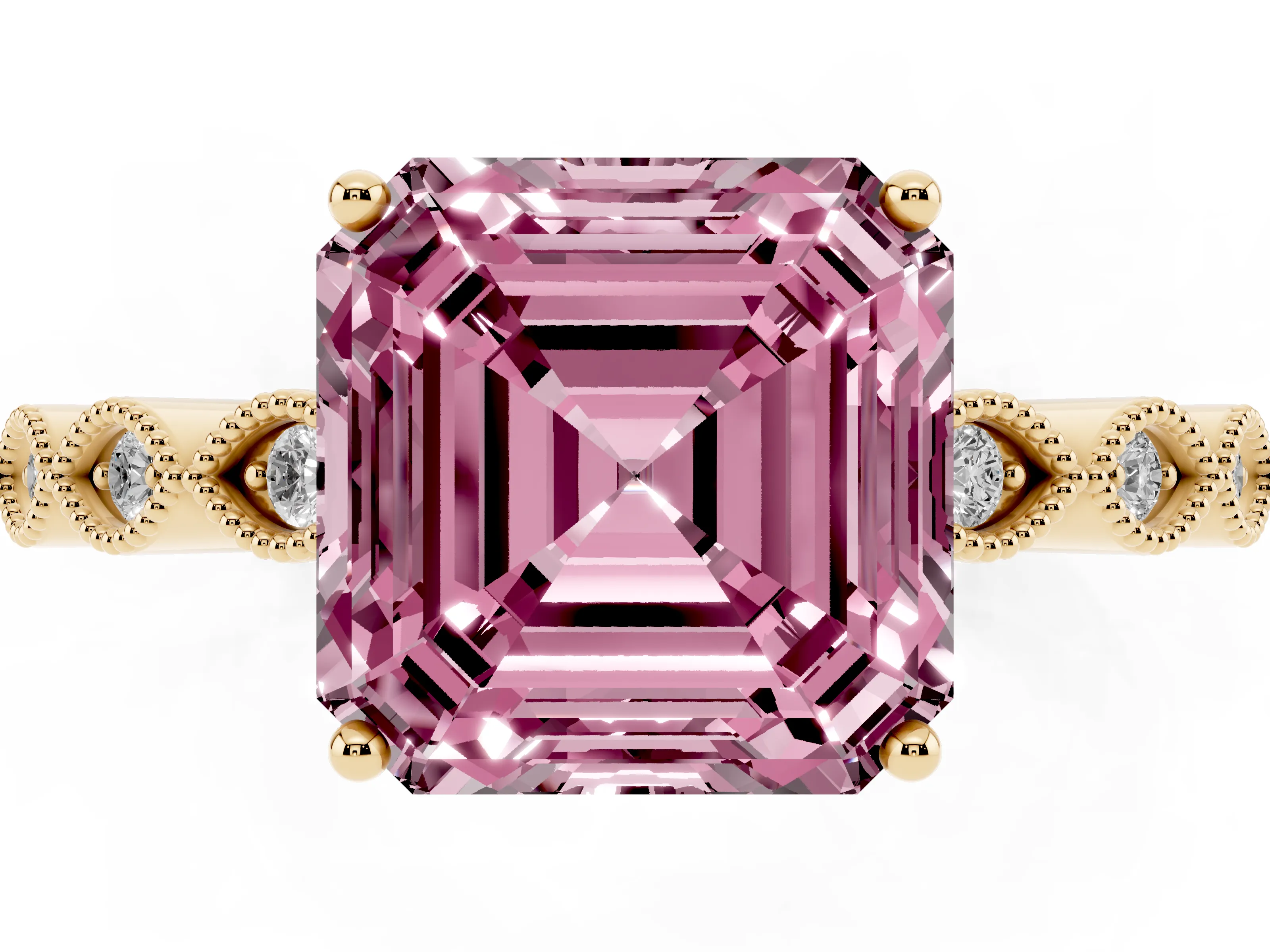 Fancy Pink Asscher Cut Diamond Solitaire Ring Set in Yellow gold with Infinity Twist Pavé Band