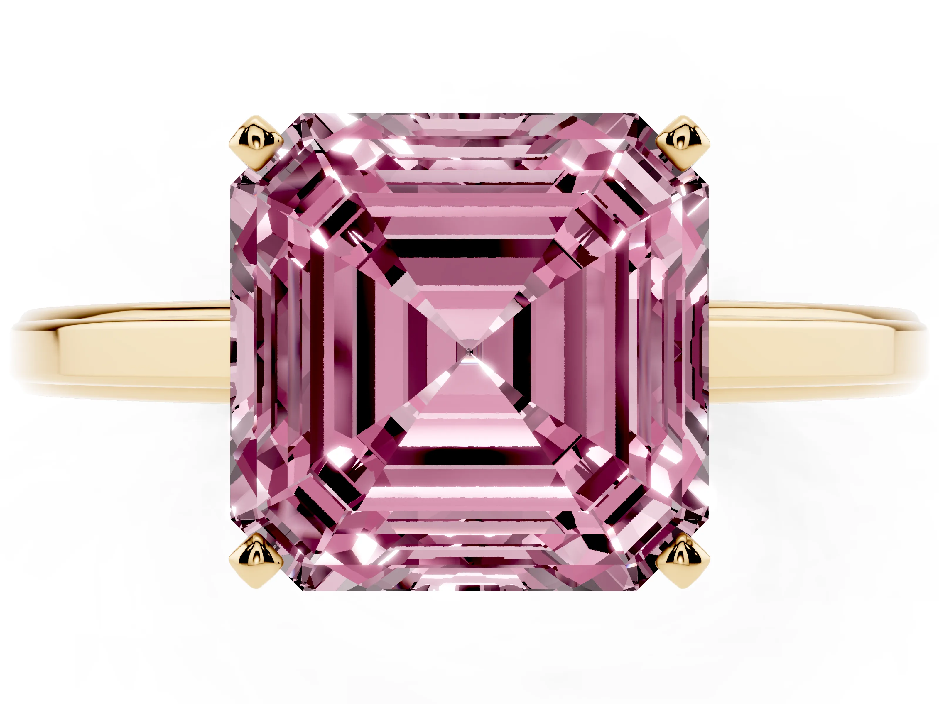 Fancy Pink Asscher Cut Diamond Solitaire Ring Set in Yellow gold with Prong Setting and Classic Band