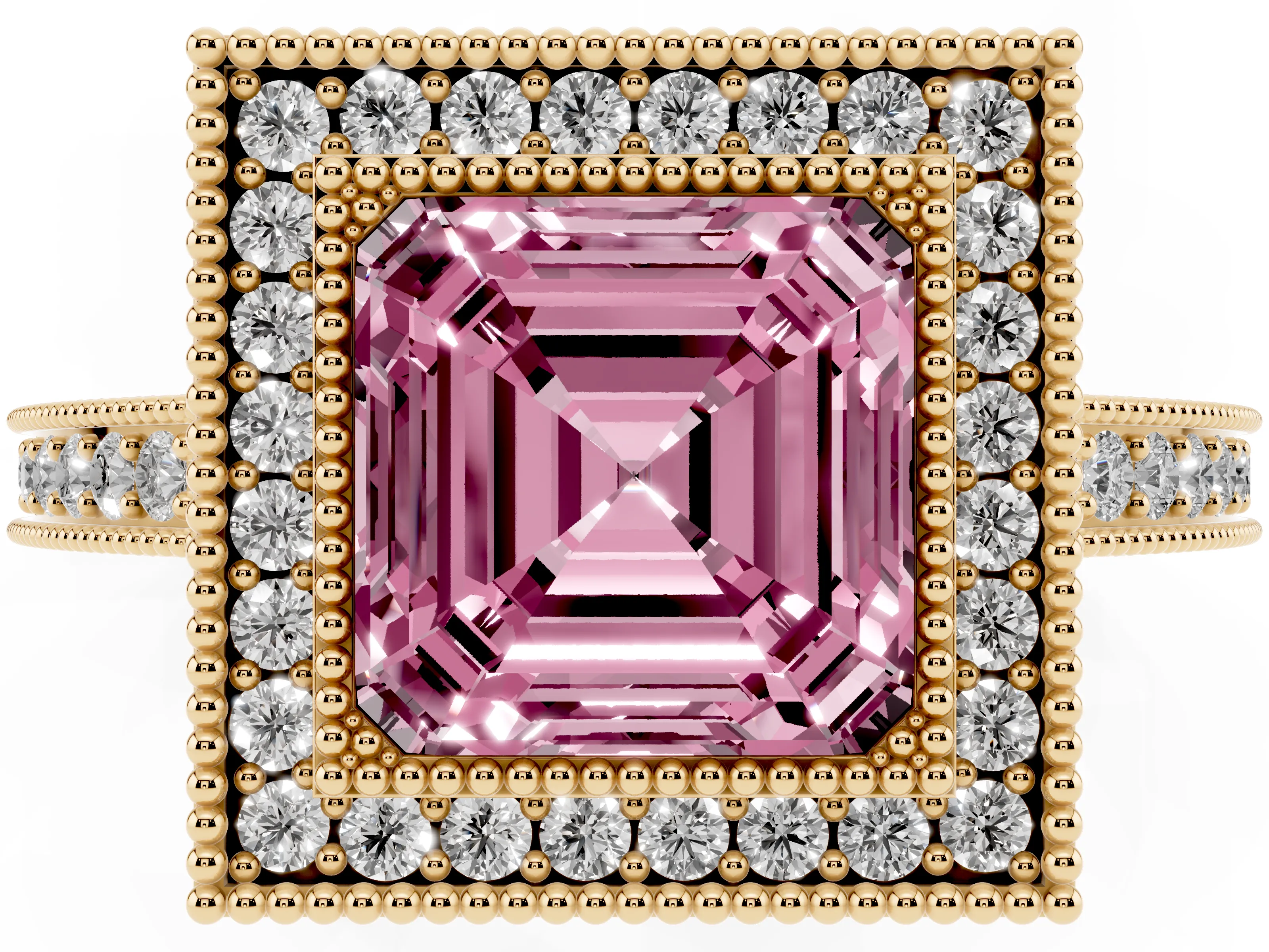 Fancy Pink Asscher Cut Diamond Round Halo Ring Set in Yellow gold with Pavé Band