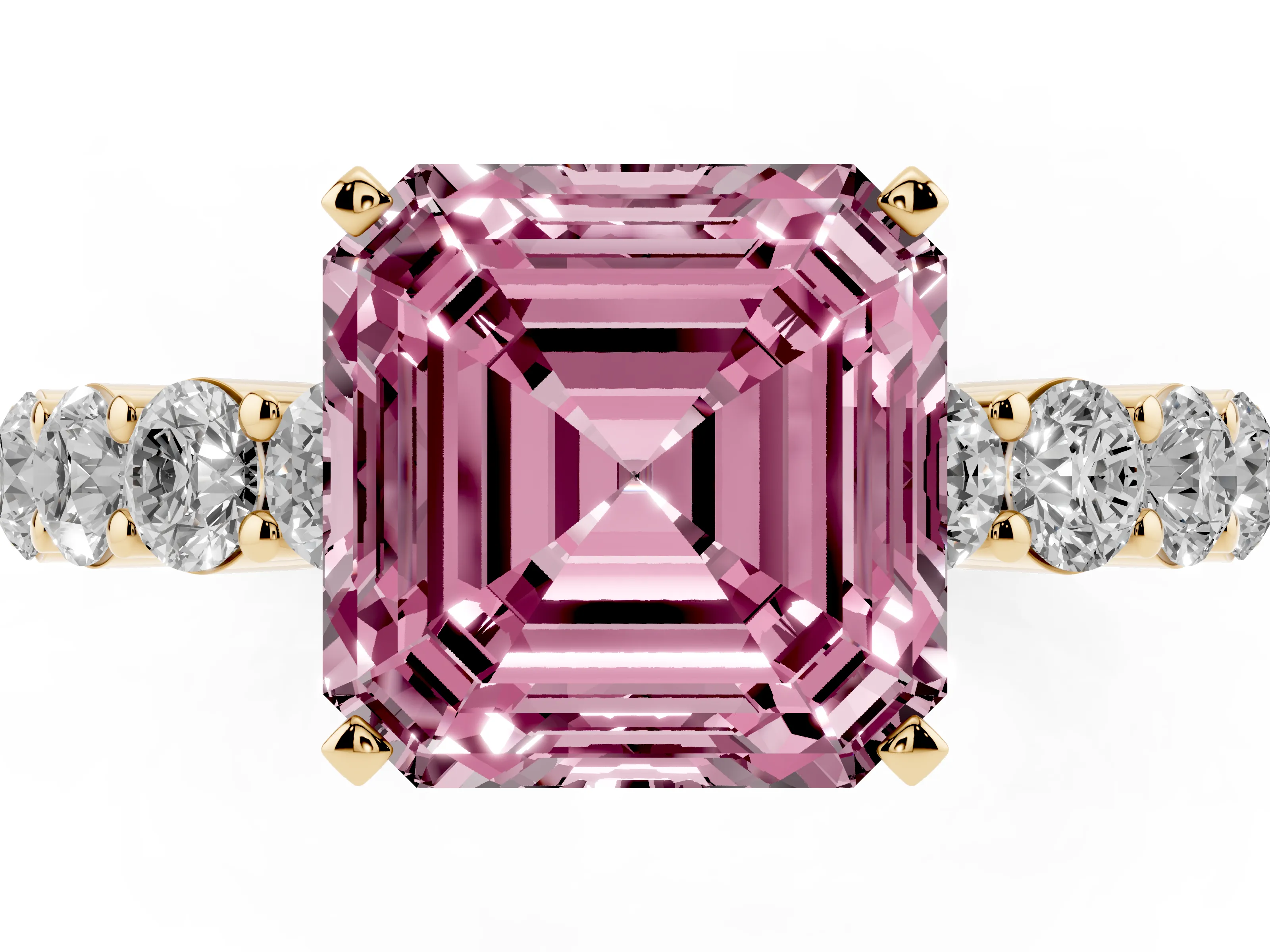 Fancy Pink Asscher Cut Diamond Solitaire Ring Set in Yellow gold with Shared Prong Round Side Stones