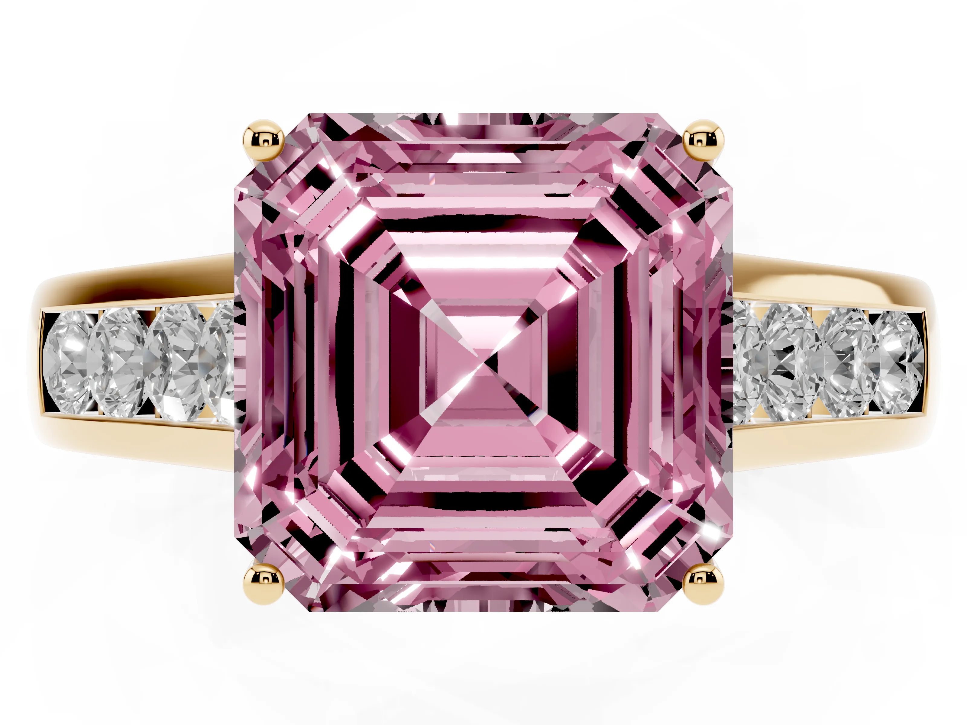 Fancy Pink Asscher Cut Diamond Brilliant Channel-Set Solitaire Ring Set in Yellow gold with Prong Setting