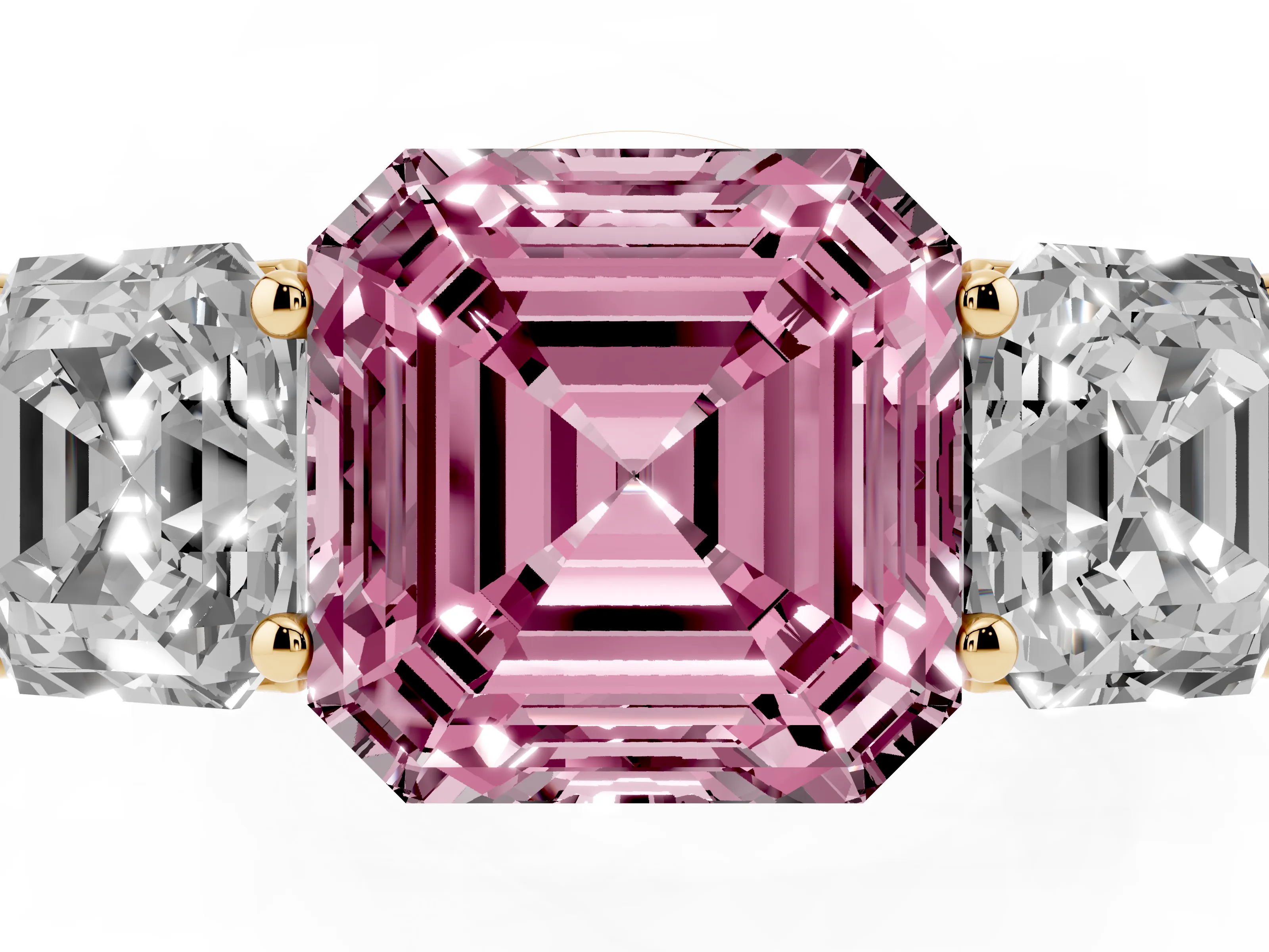 Fancy Pink Asscher Cut Diamond Three-Stone Ring Set in Yellow gold with Plain Polished Band