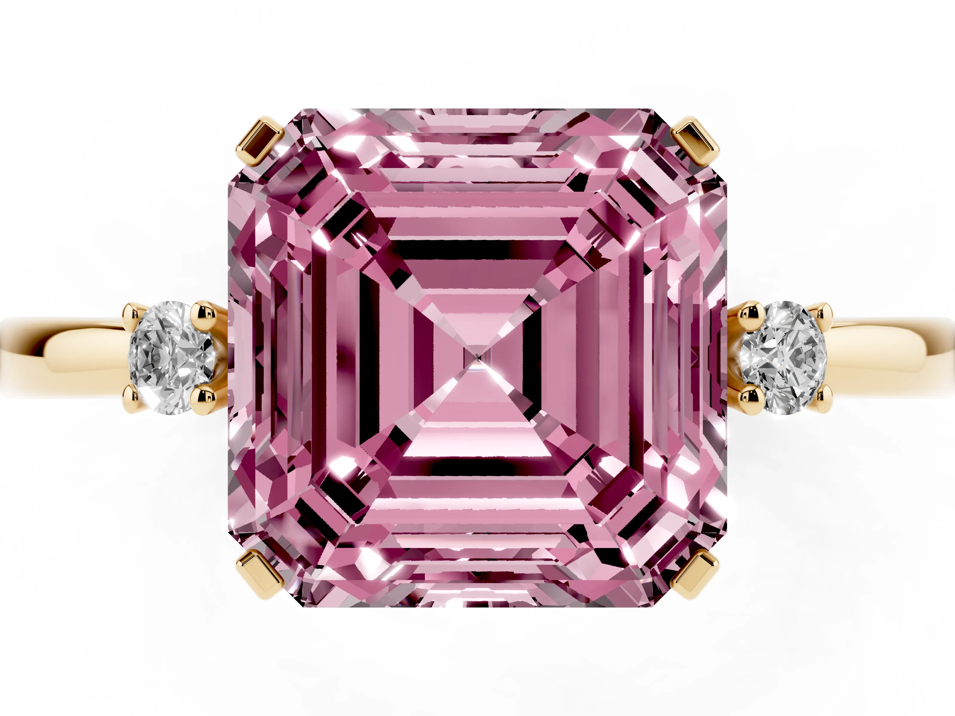 Fancy Pink Three-Stone Asscher Cut Diamond Solitaire Ring Set in Yellow gold with Round Accent Stones and Prong Setting