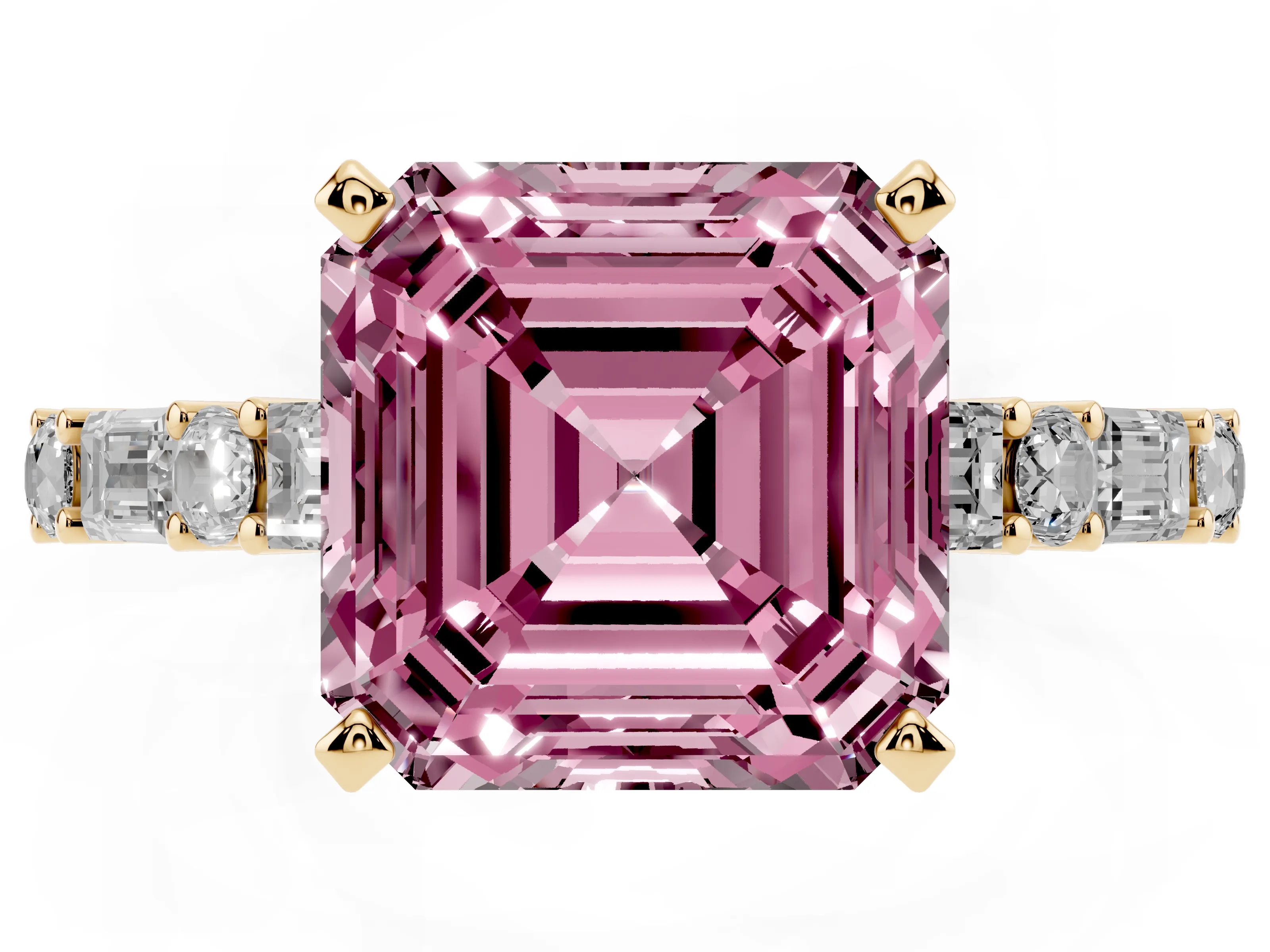 Fancy Pink Asscher Cut Diamond Solitaire Set in Yellow gold with Side Baguettes and Channel Set Band