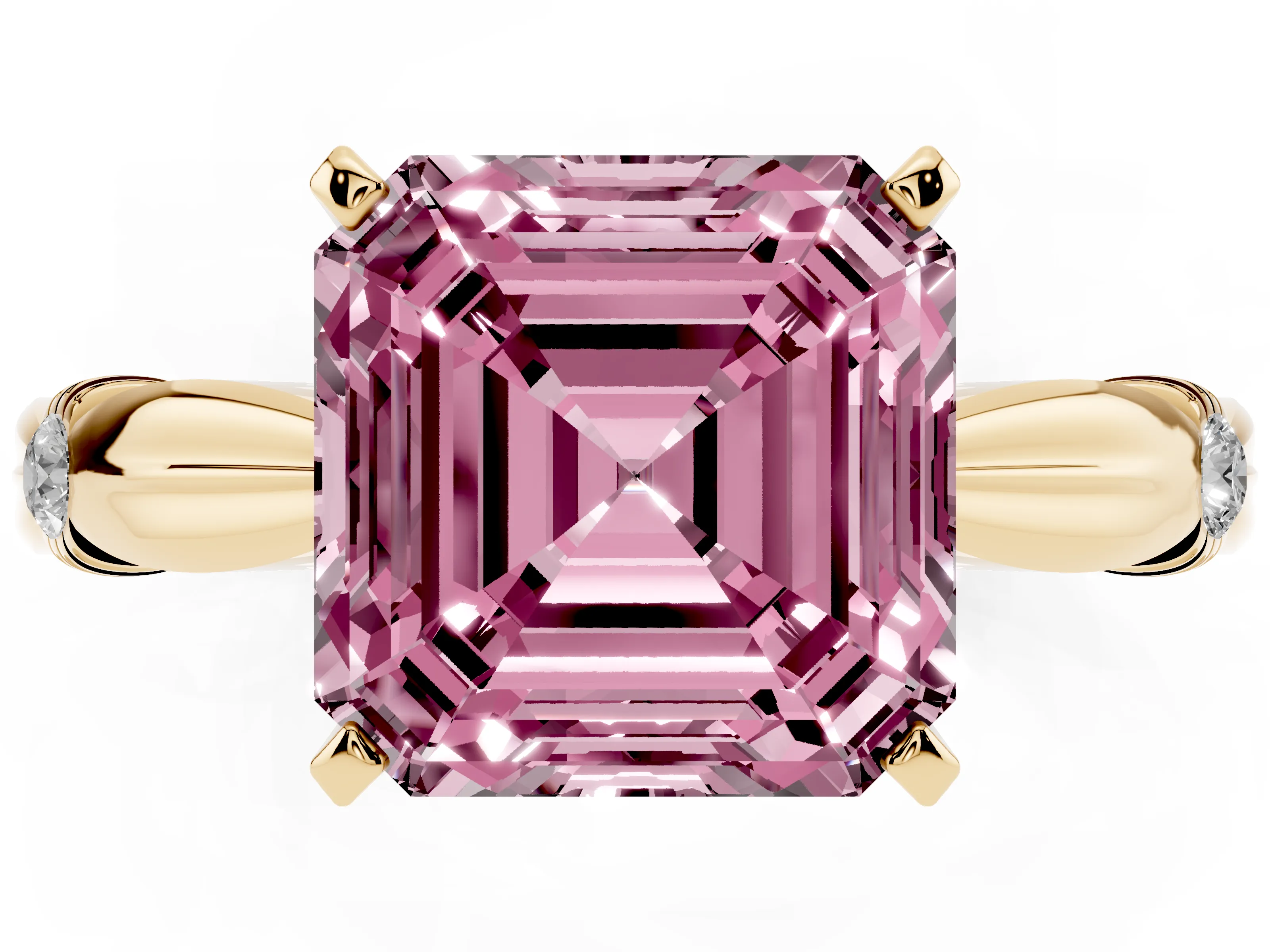 Fancy Pink Asscher Cut Diamond Solitaire Twisted Band Ring Set in Yellow gold with Accent Stones and Prong Setting