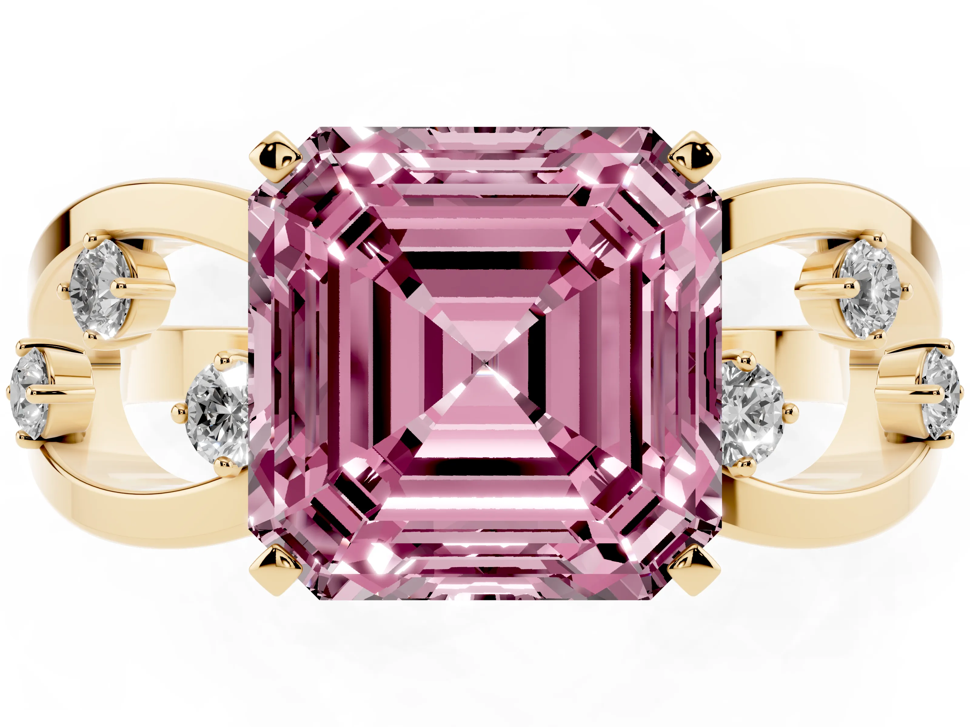 Fancy Pink Asscher Cut Diamond Solitaire Ring Set in Yellow gold with Side Stones on Criss-Cross Band and Prong Setting