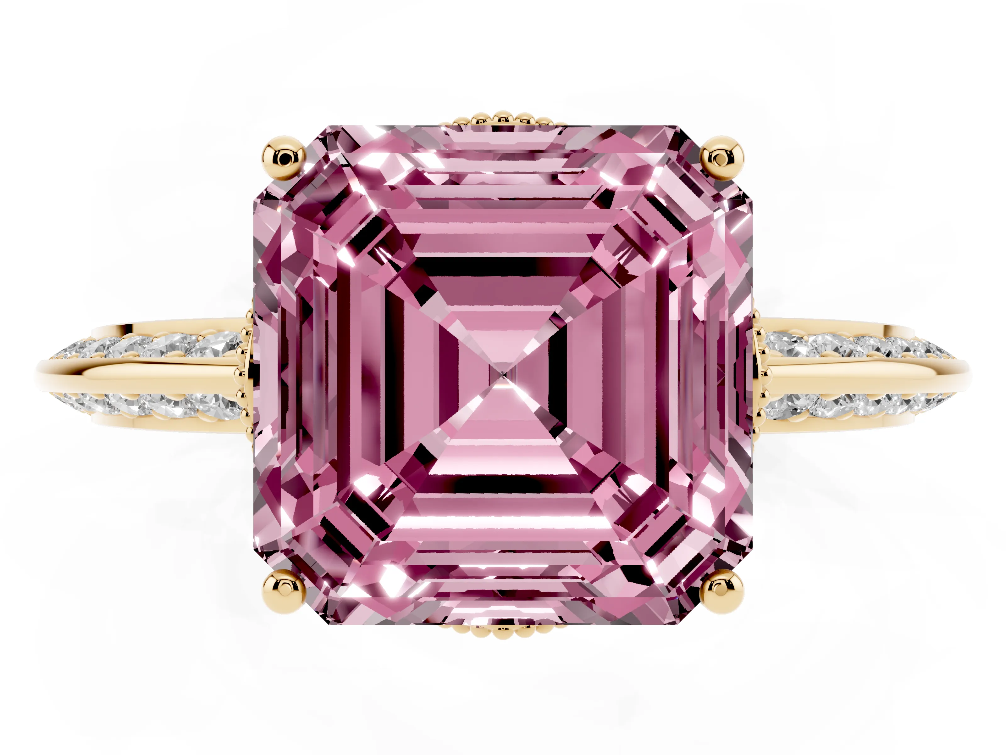 Fancy Pink Asscher Cut Diamond Solitaire Engagement Ring Set in Yellow gold with Pavé Split Shank and Prong Setting