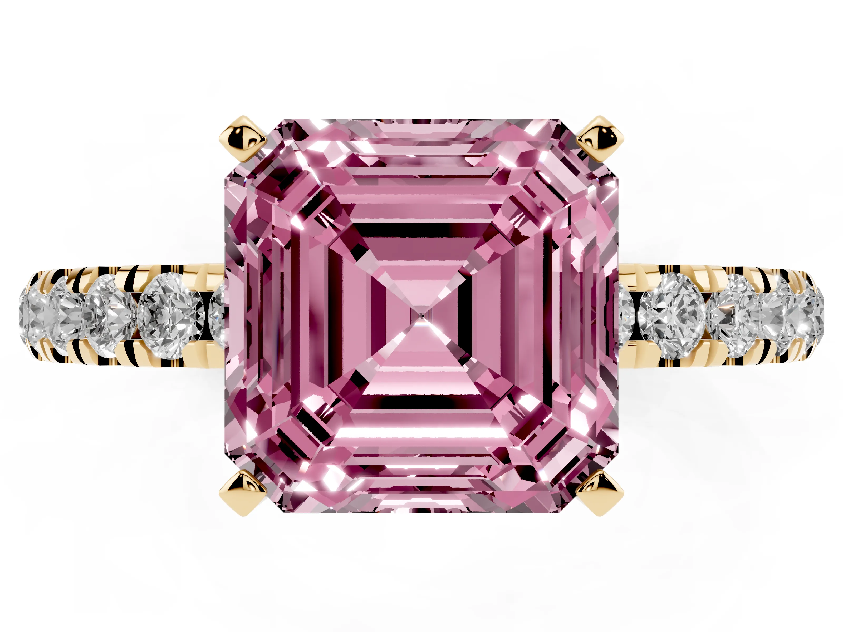 Fancy Pink Asscher Cut Diamond Solitaire Ring Set in Yellow gold with Pavé Accents and Prong Setting