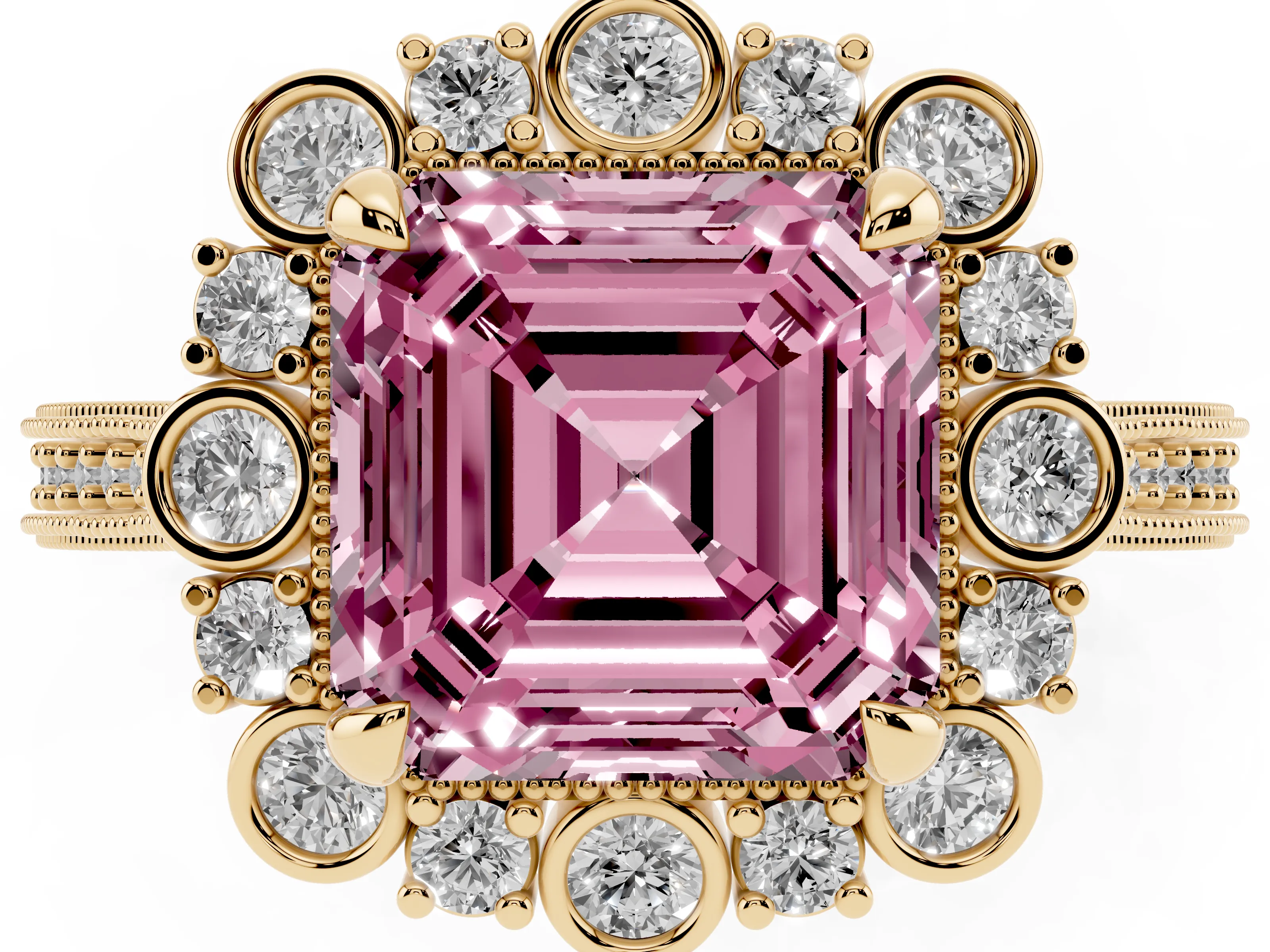 Fancy Pink Asscher Cut Diamond Halo Milgrain Pavé Ring Set in Yellow gold with Prong Setting