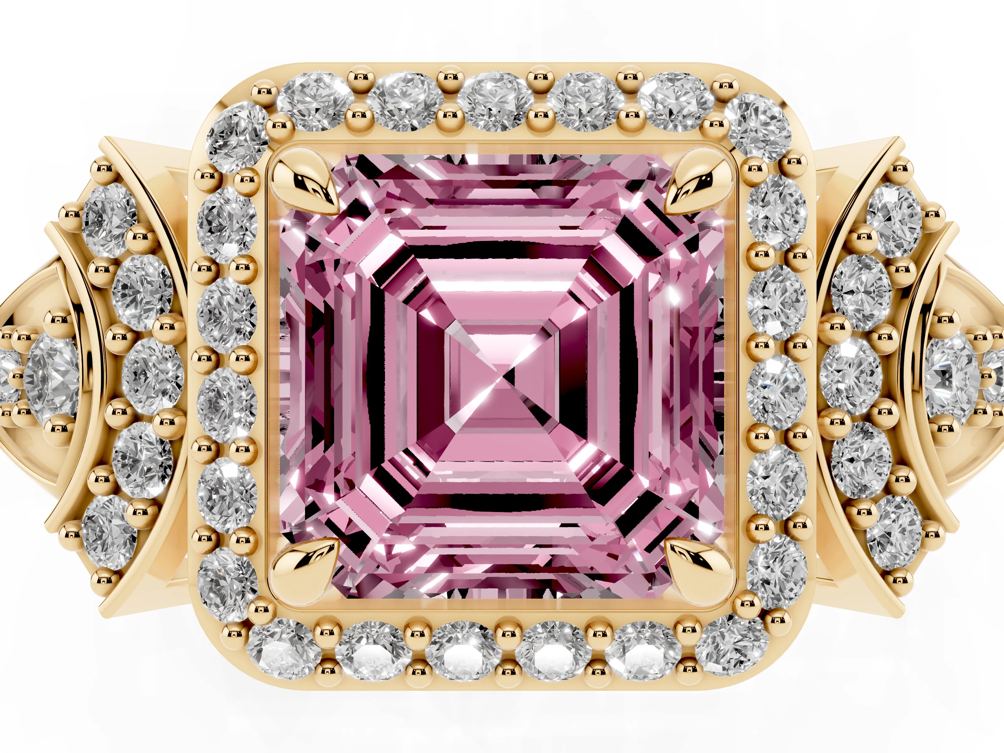 Fancy Pink Asscher Cut Diamond Halo Engagement Ring Set in Yellow gold with Accent Stone Split Shank