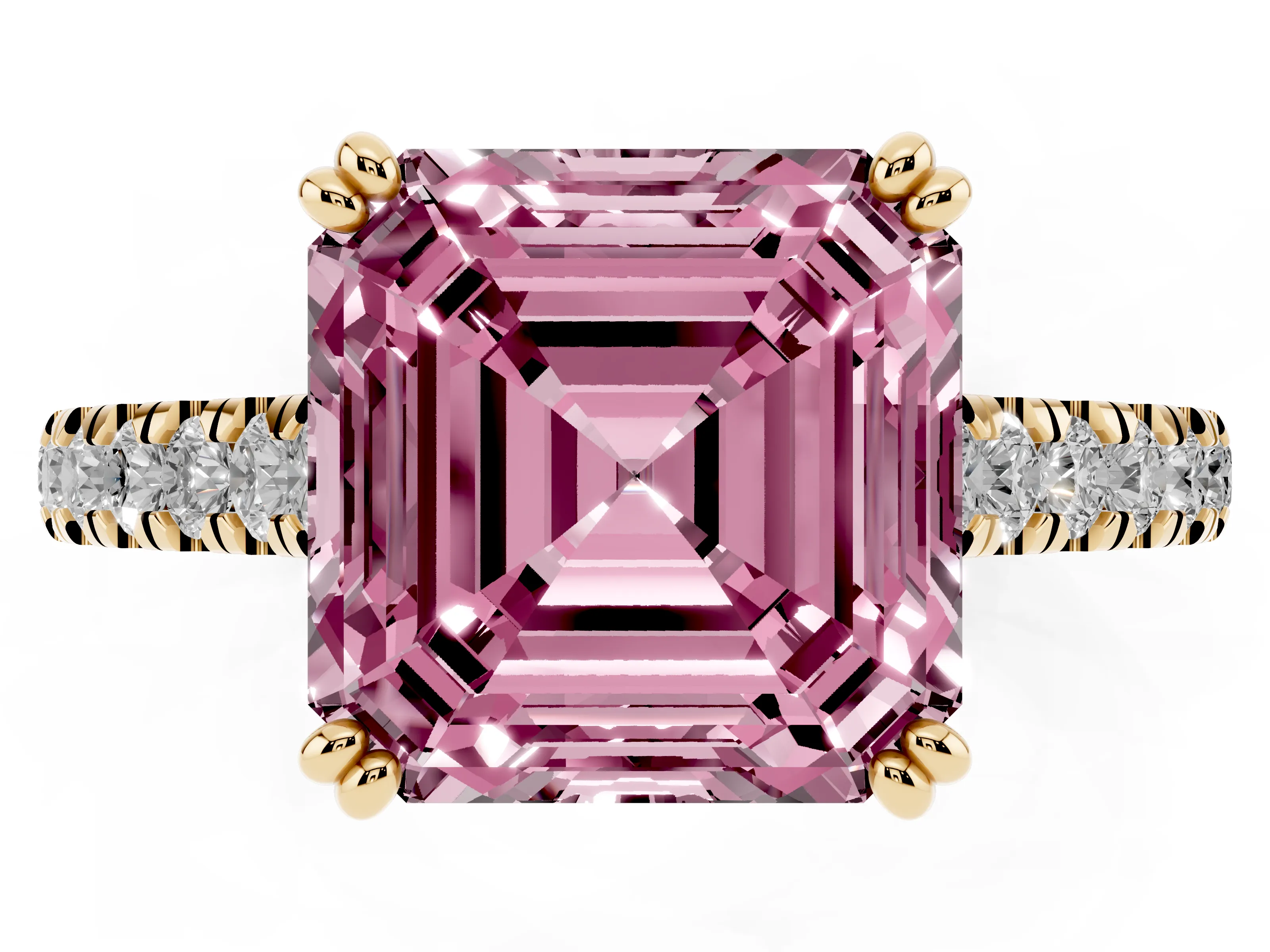 Fancy Pink Asscher Cut Diamond Solitaire Engagement Ring Set in Yellow gold with Pavé Accents and Prong Setting