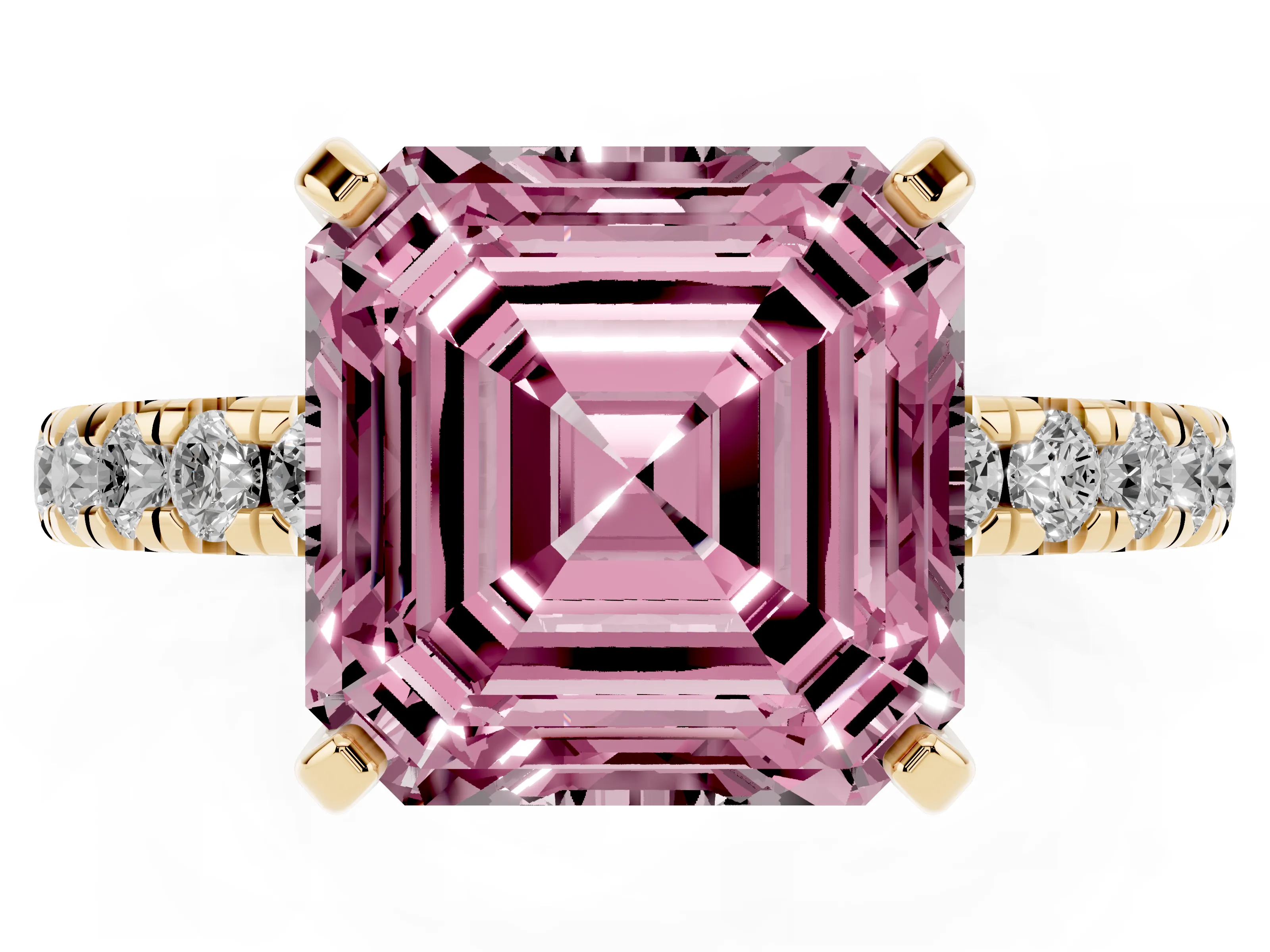 Fancy Pink Asscher Cut Diamond Pavé Solitaire Ring Set in Yellow gold with Round Band and Prong Setting