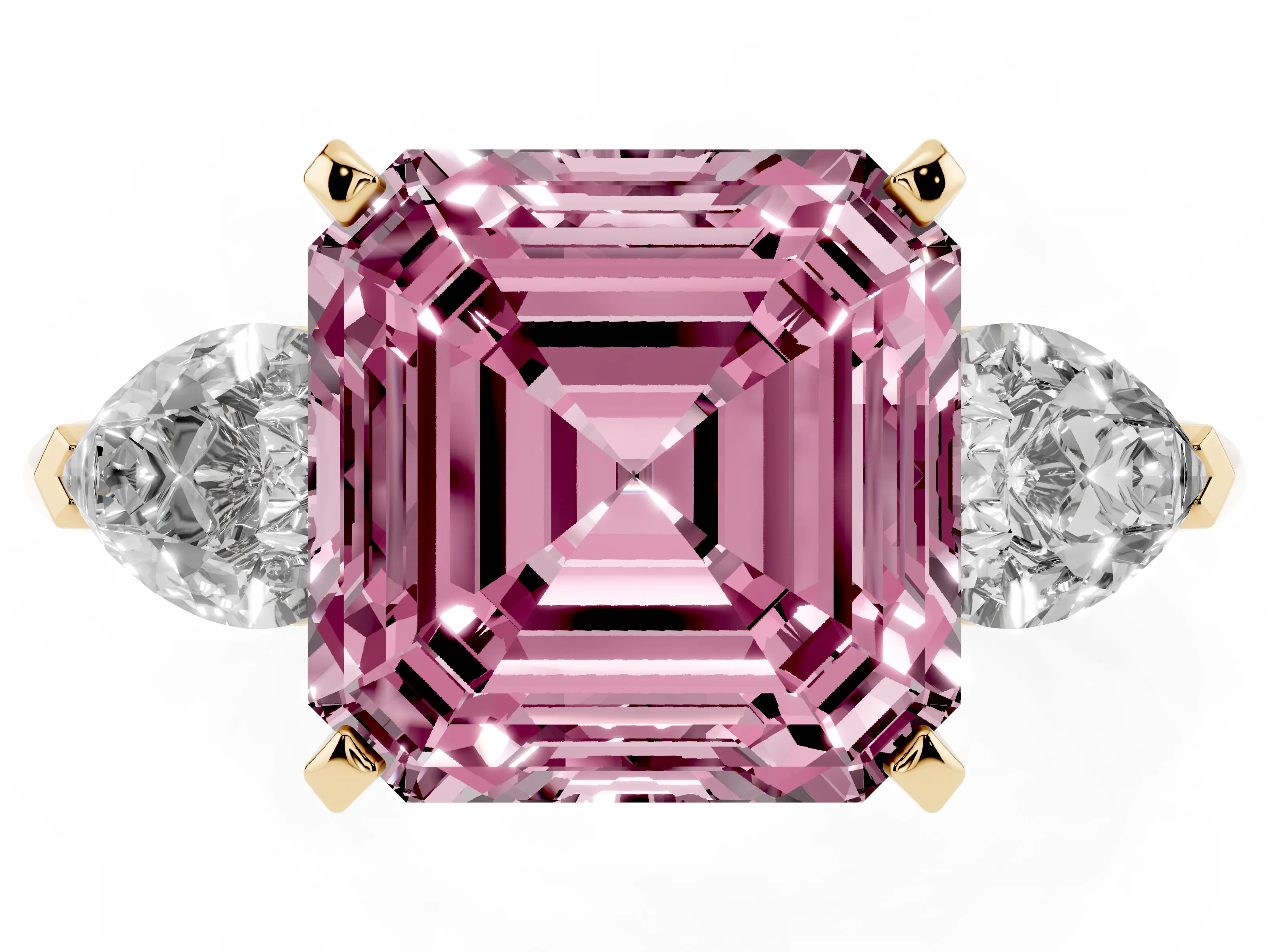 Fancy Pink Three-Stone Asscher Cut Diamond Ring Set in Yellow gold with Pear Side Stones and Prong Setting