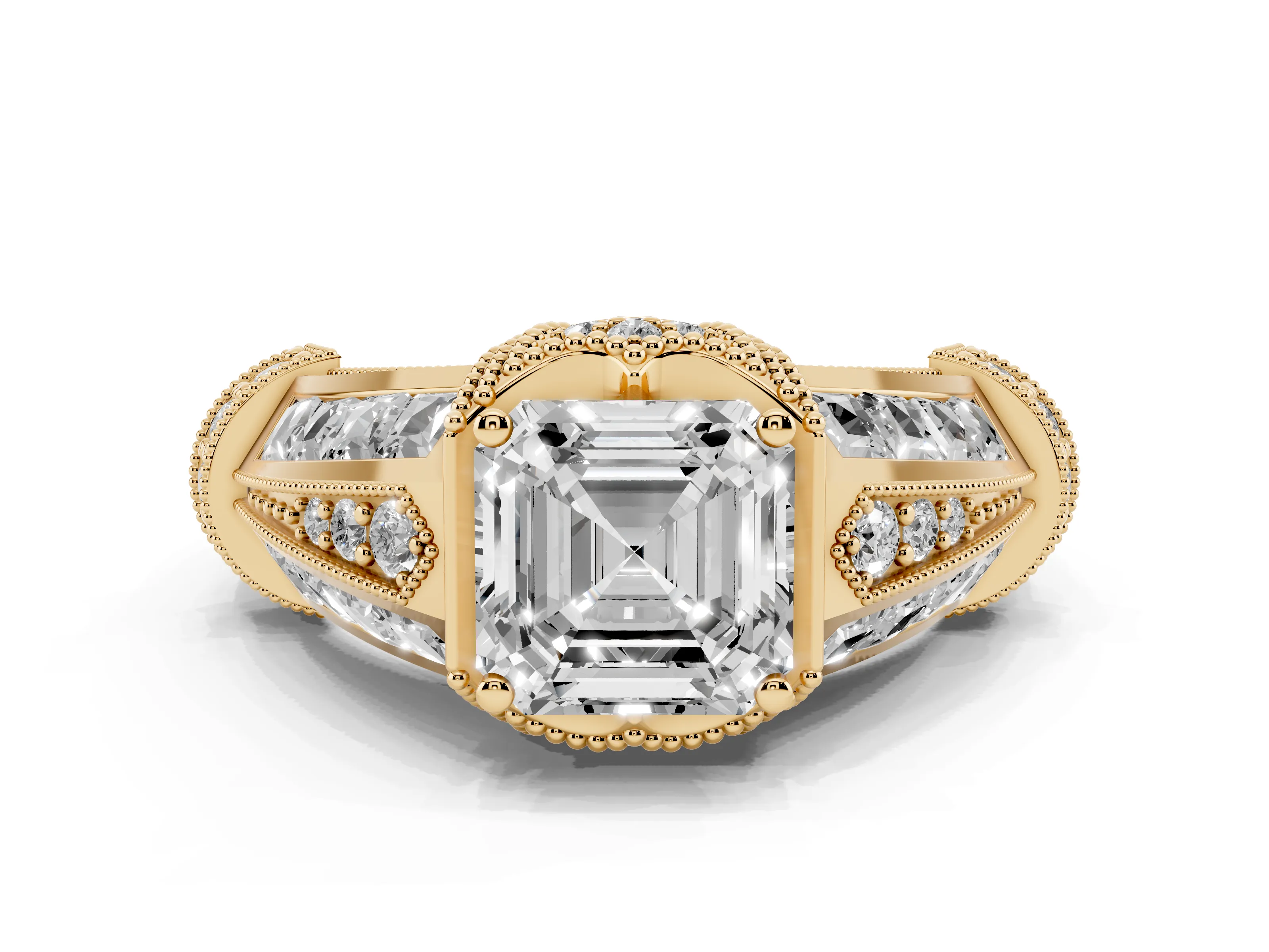Asscher Cut Diamond Vintage-Inspired Milgrain Ring Set in Yellow gold with Accent Split Shank