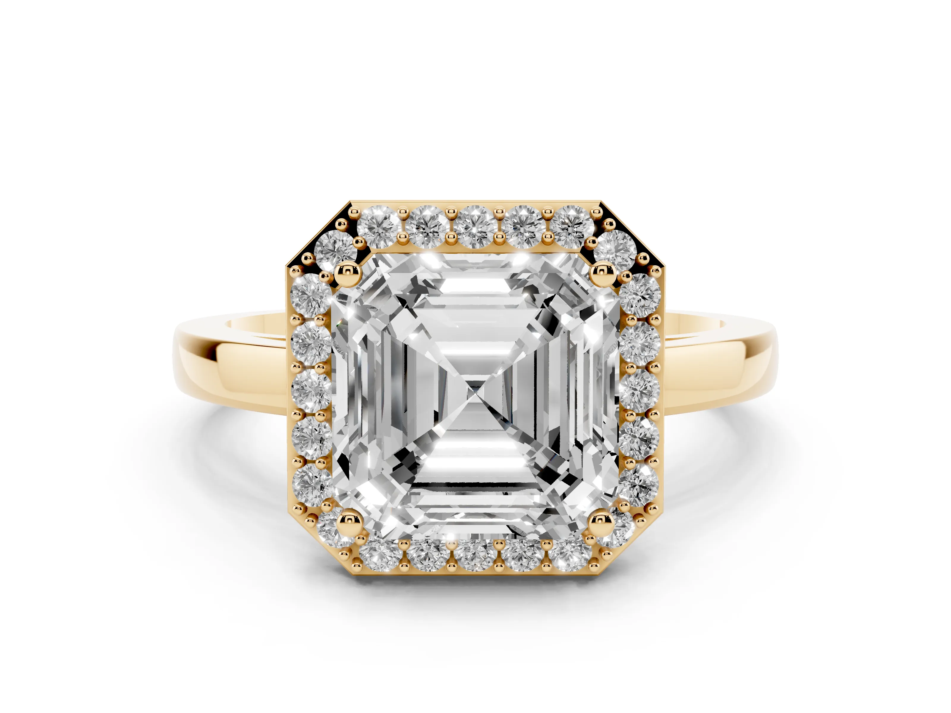 Asscher Cut Diamond Halo Ring Set in Yellow gold with Solitaire Band and Prong Setting