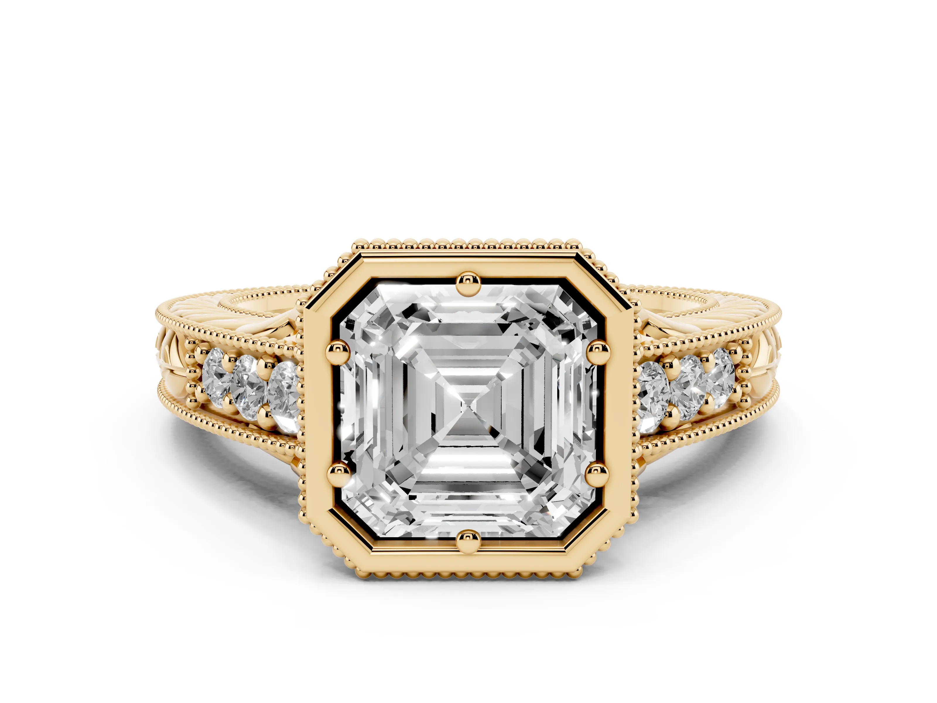 Bezel Set Asscher Cut Diamond Milgrain Pavé Engagement Ring Set in Yellow gold