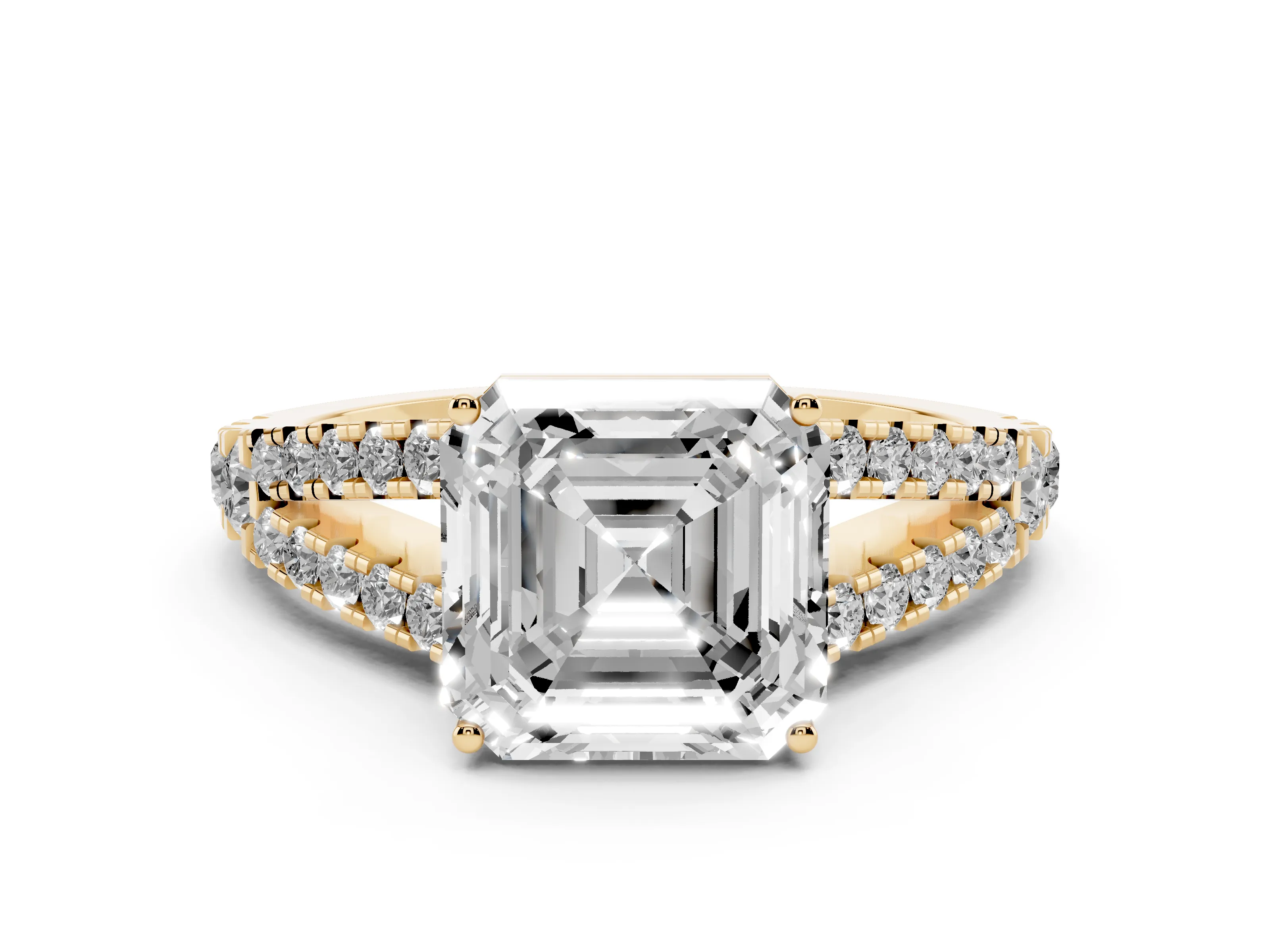 Asscher Cut Diamond Split Shank Engagement Ring Set in Yellow gold with Round Pavé and Prong Setting