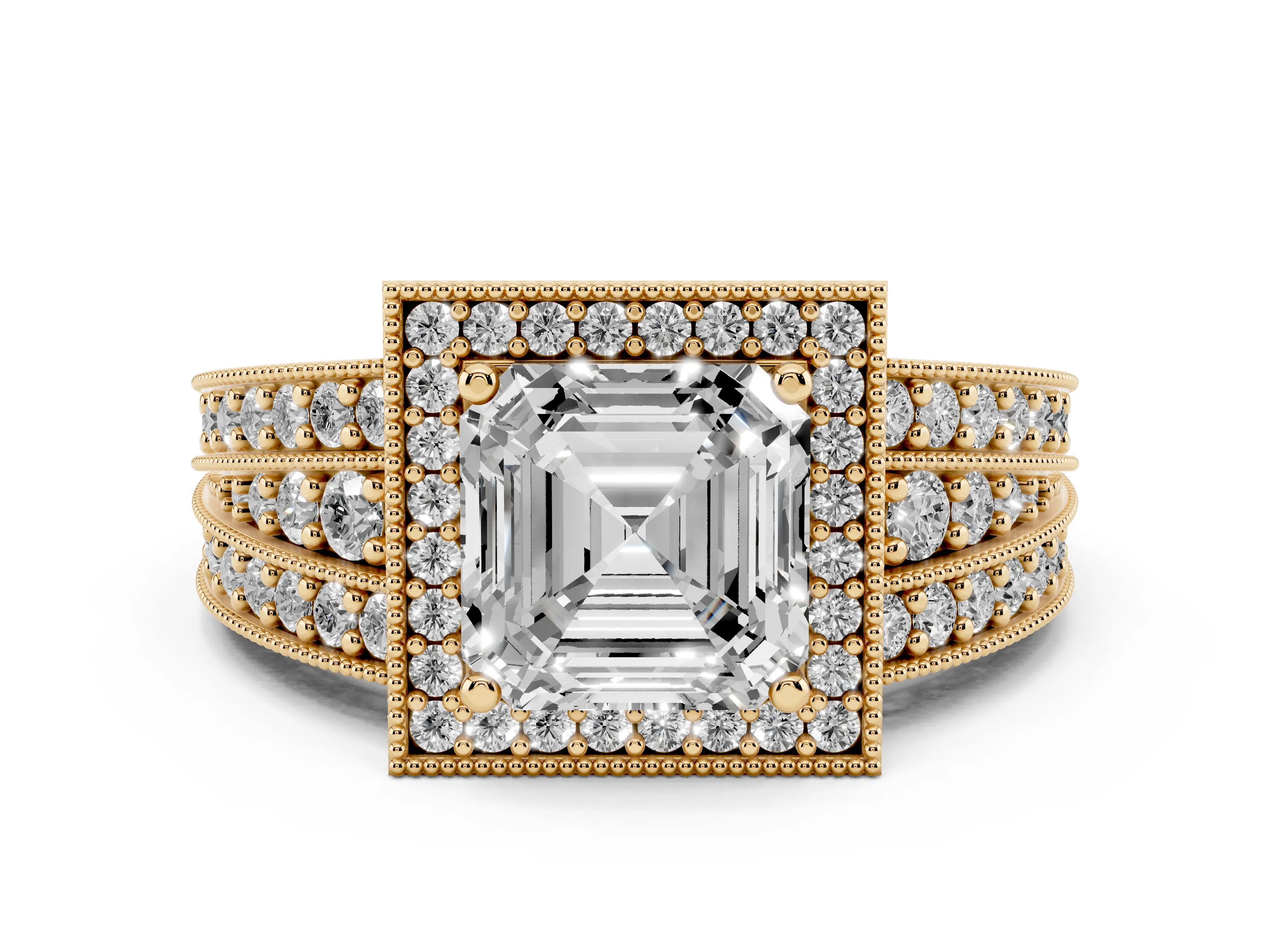 Asscher Cut Diamond Halo Ring Set in Yellow gold with Accent Split Shank and Prong Setting