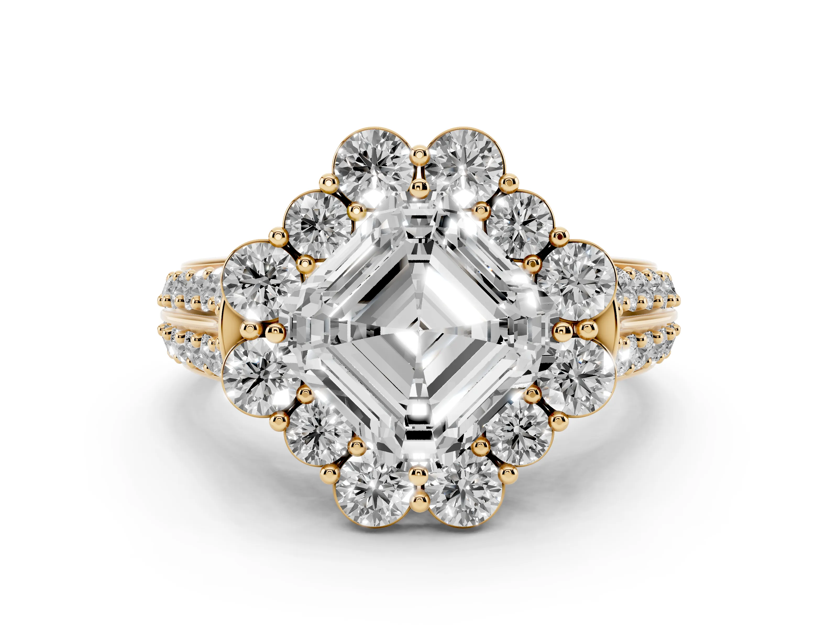 Asscher Cut Diamond Halo Engagement Ring Set in Yellow gold with Split Shank and Prong Setting
