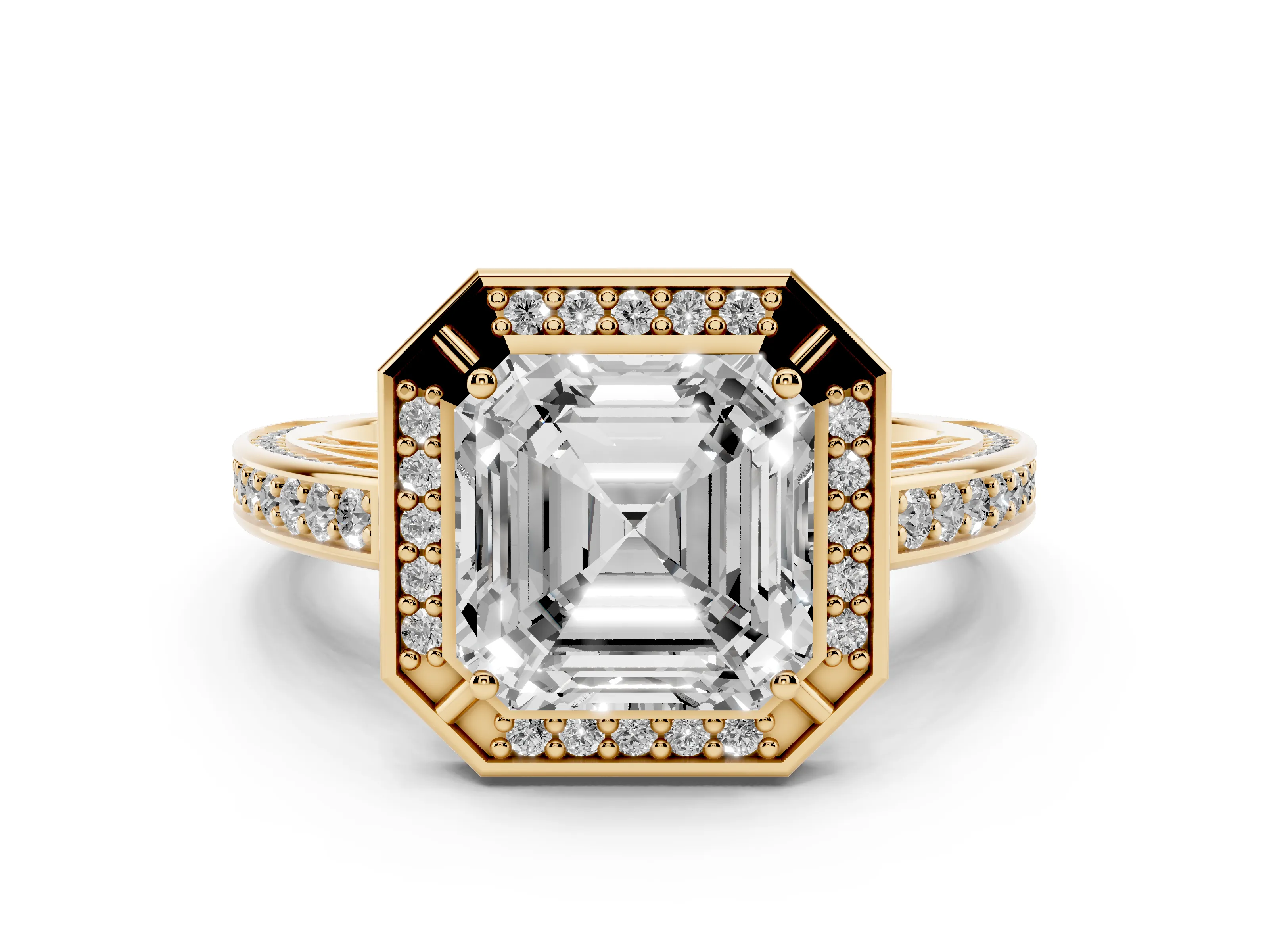 Asscher Cut Diamond Halo Pavé Split Shank Ring Set in Yellow gold with Prong Setting
