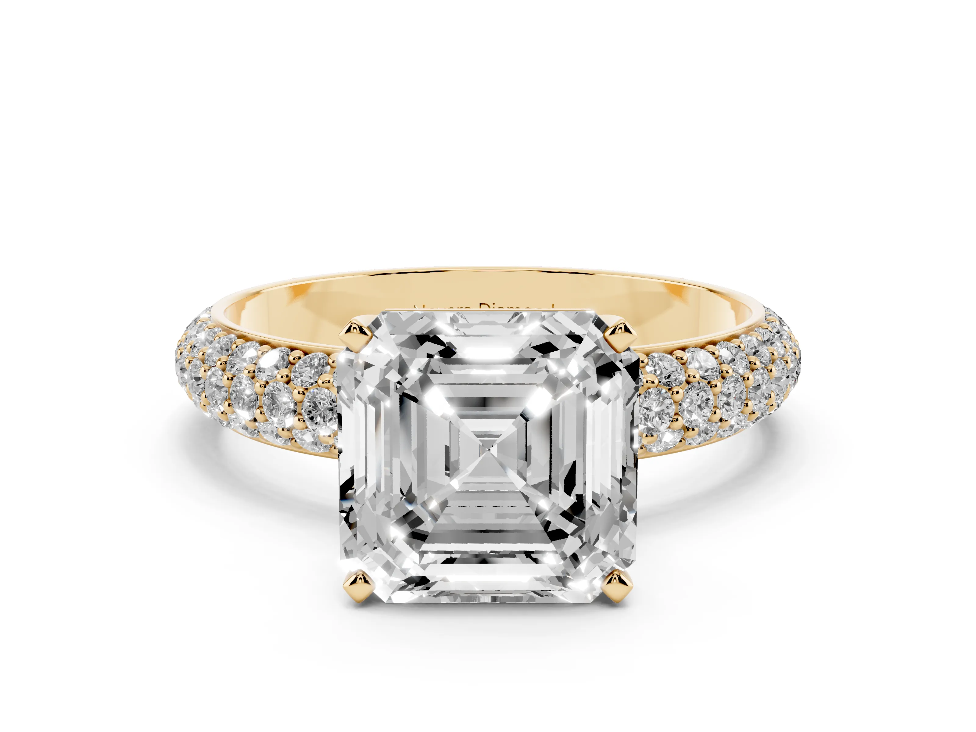 Asscher Cut Diamond Solitaire Ring Set in Yellow gold with Prong Setting and Pavé-Set Band