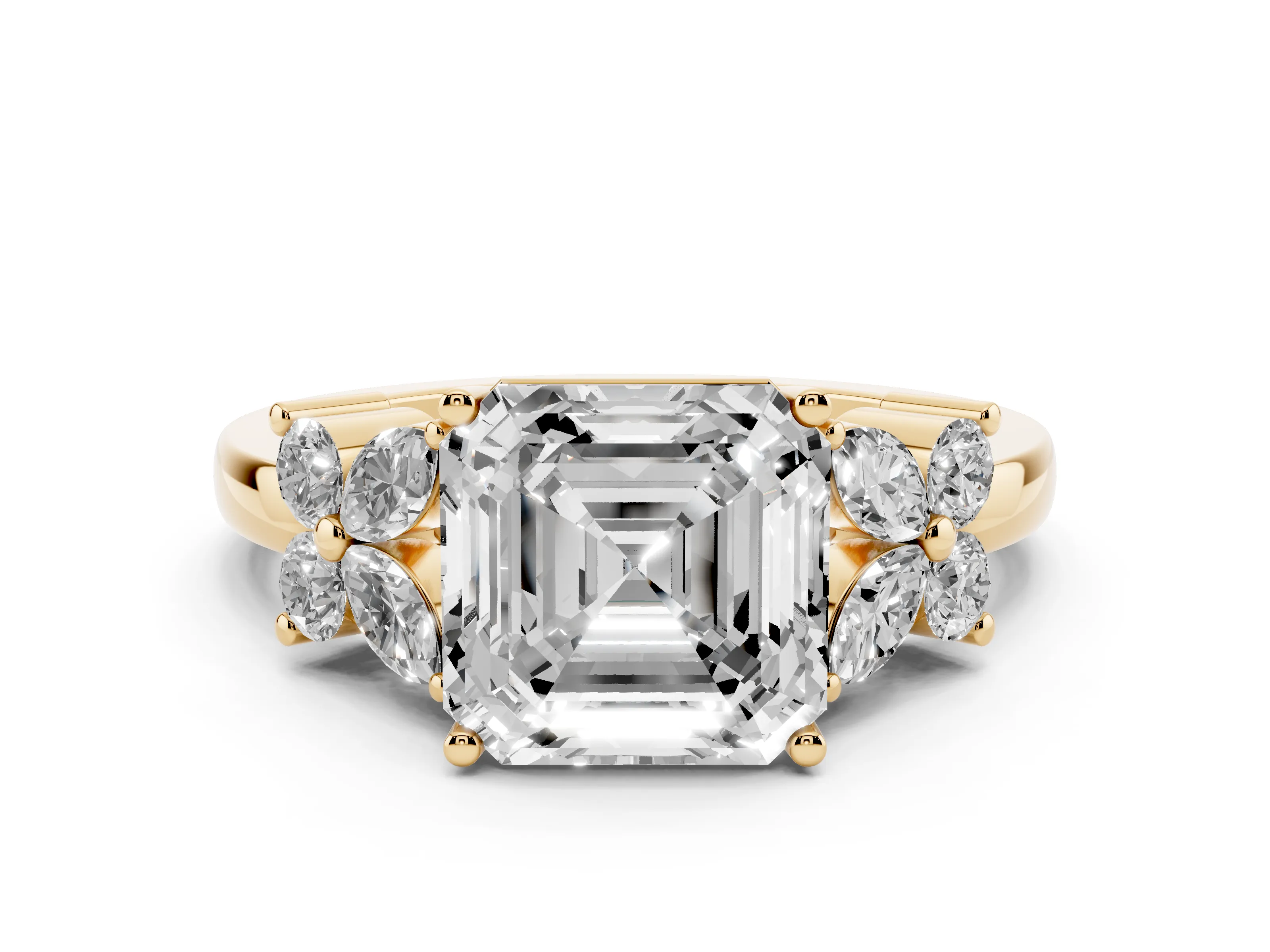 Asscher Cut Diamond Floral Cluster Ring Set in Yellow gold with Marquise Petals and Prong Setting