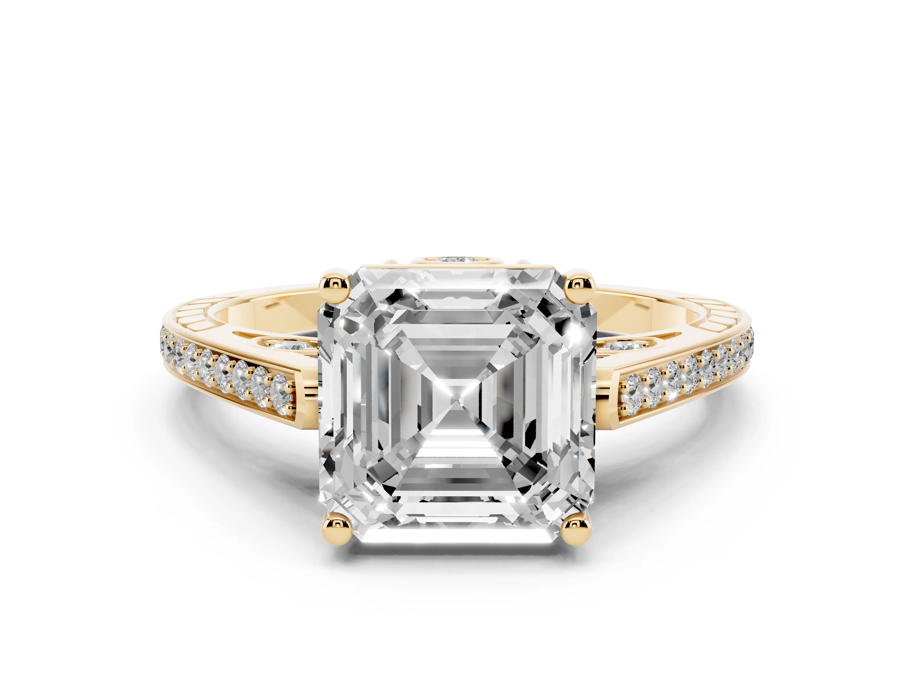 Asscher Cut Diamond Cathedral Pavé Engagement Ring Set in Yellow gold with Prong Setting
