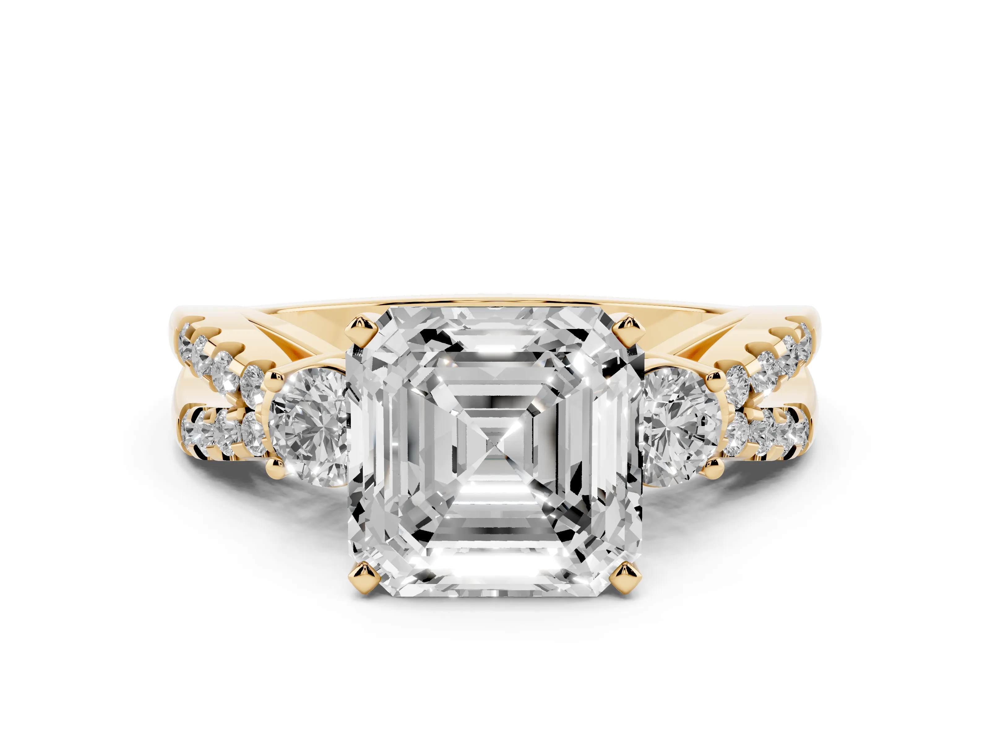 Asscher Cut Diamond Three-Stone Ring Set in Yellow gold with Pavé Split Shank and Prong Setting