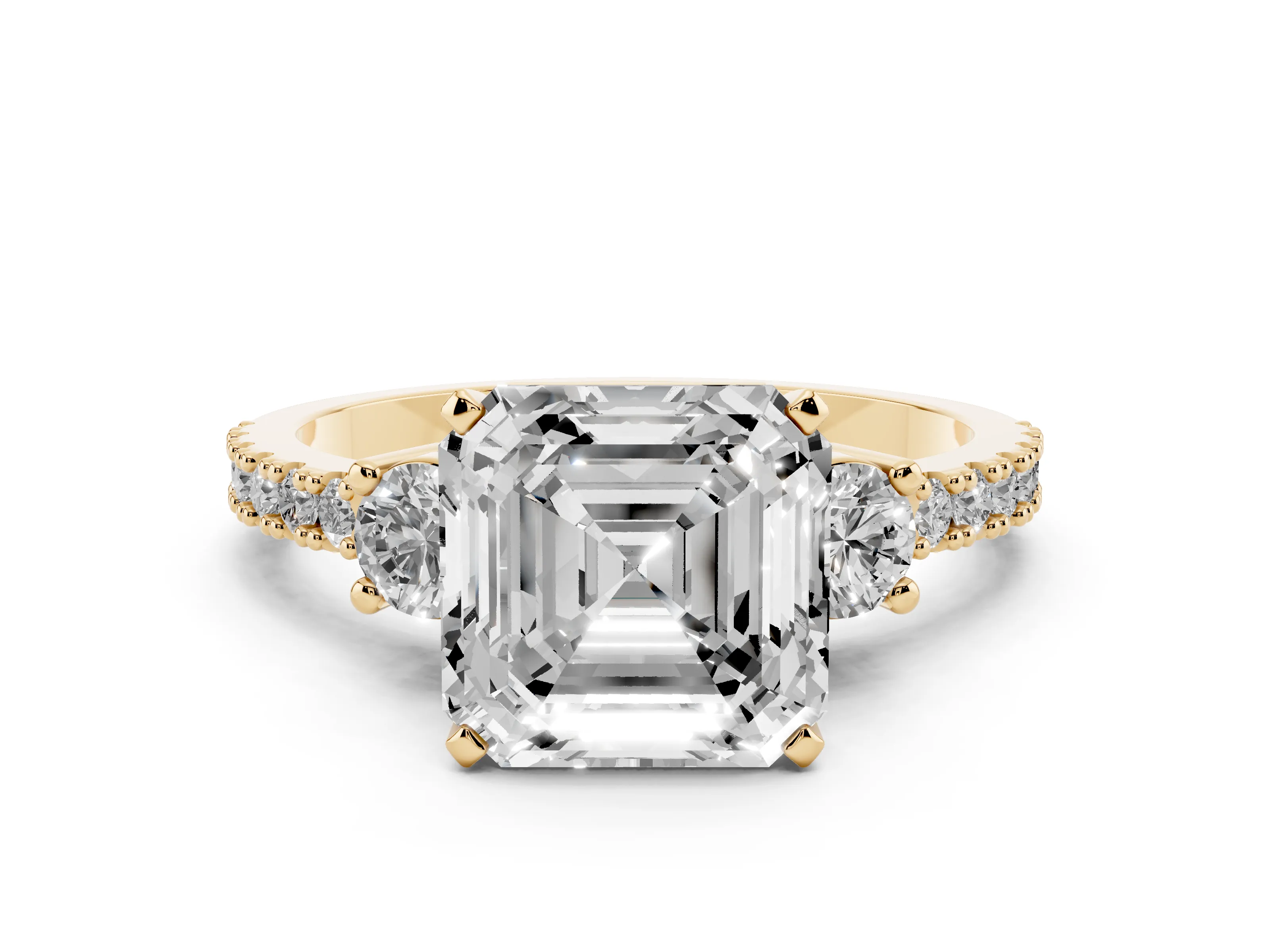 Three-Stone Asscher Cut Diamond Pavé Band Ring Set in Yellow gold with Prong Setting