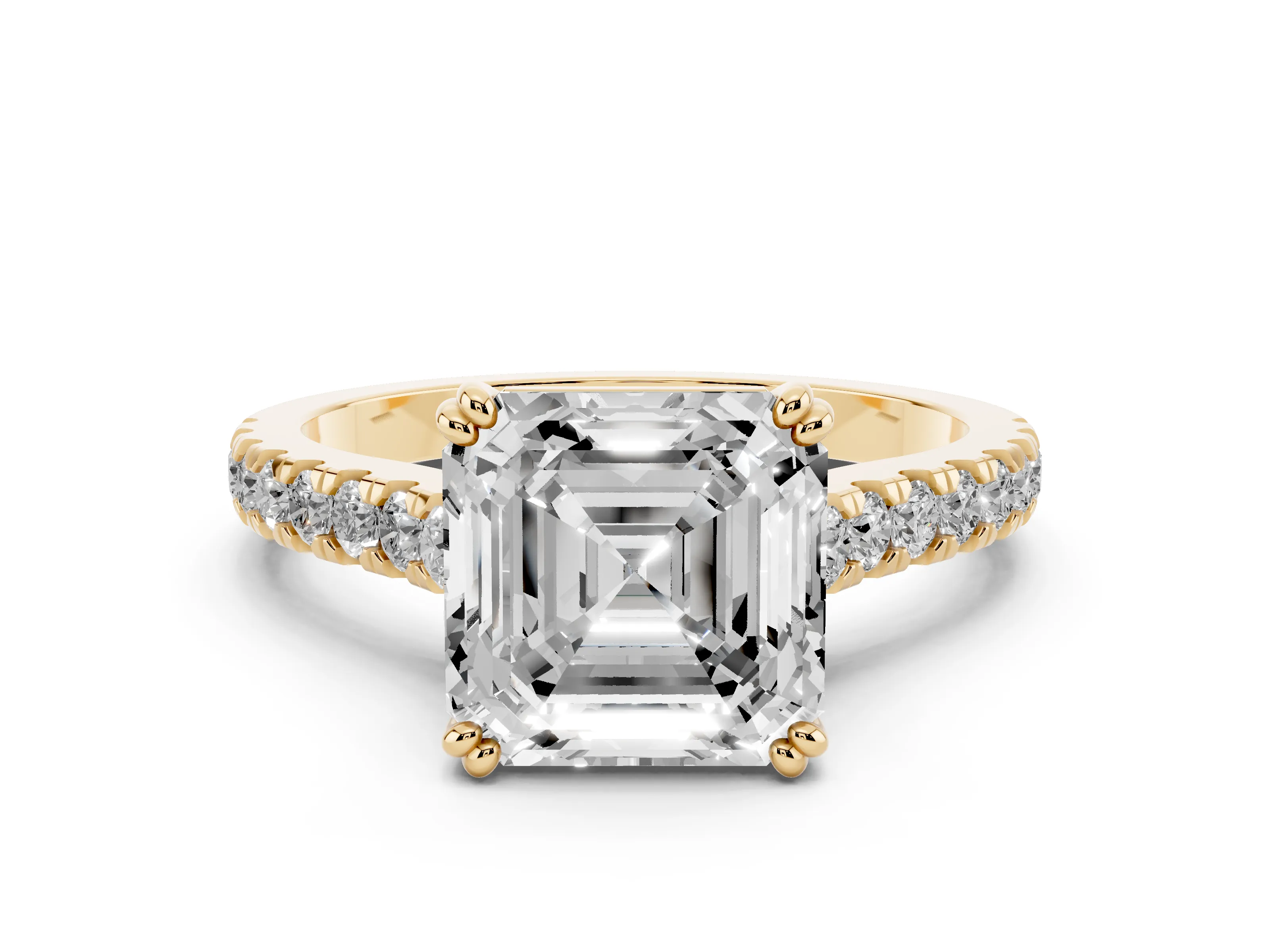 Asscher Cut Diamond Solitaire Engagement Ring Set in Yellow gold with Pavé Accents and Prong Setting