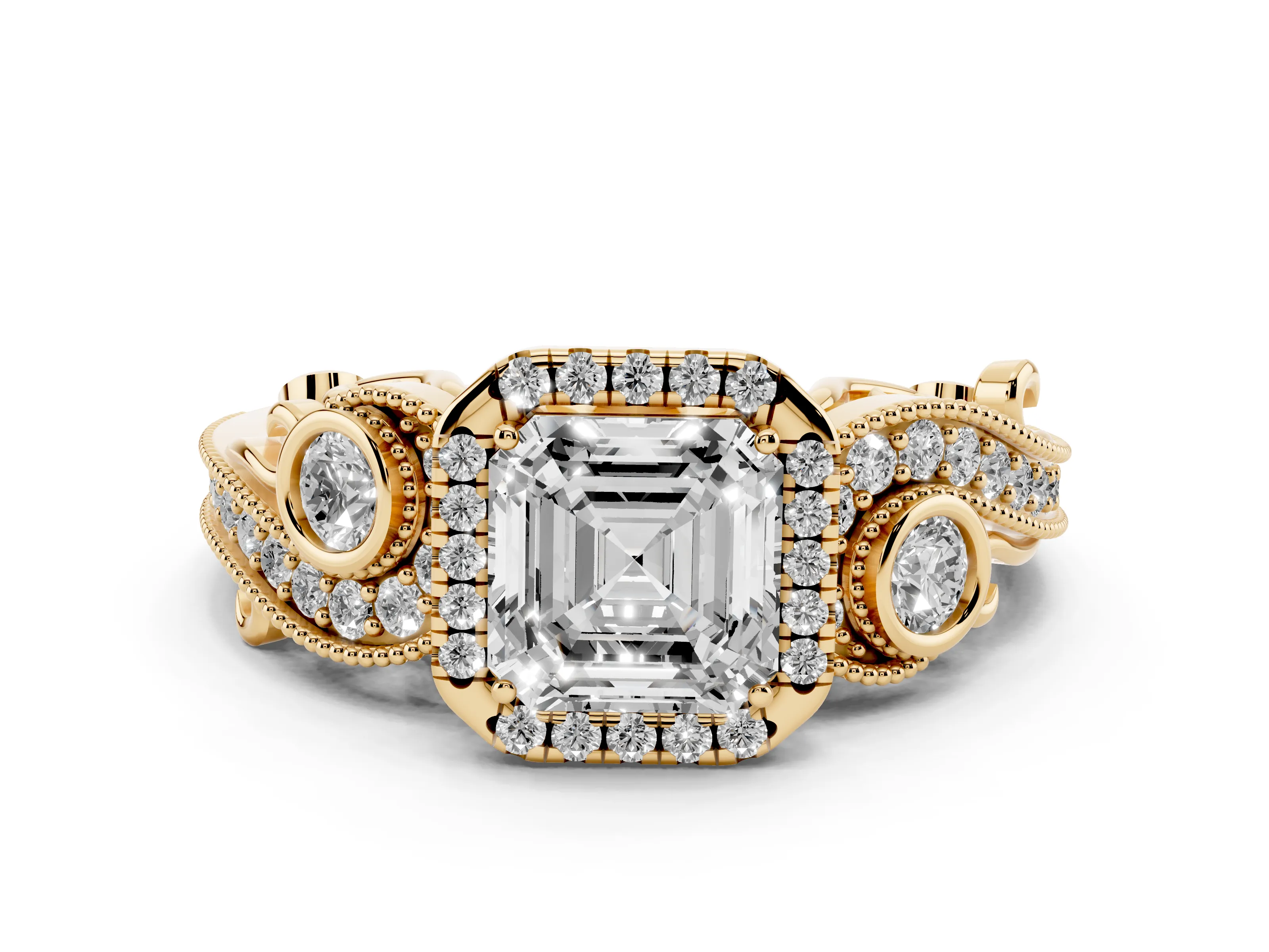 Asscher Cut Diamond Halo Ring Set in Yellow gold with Milgrain Pavé Band and Prong Setting – second view