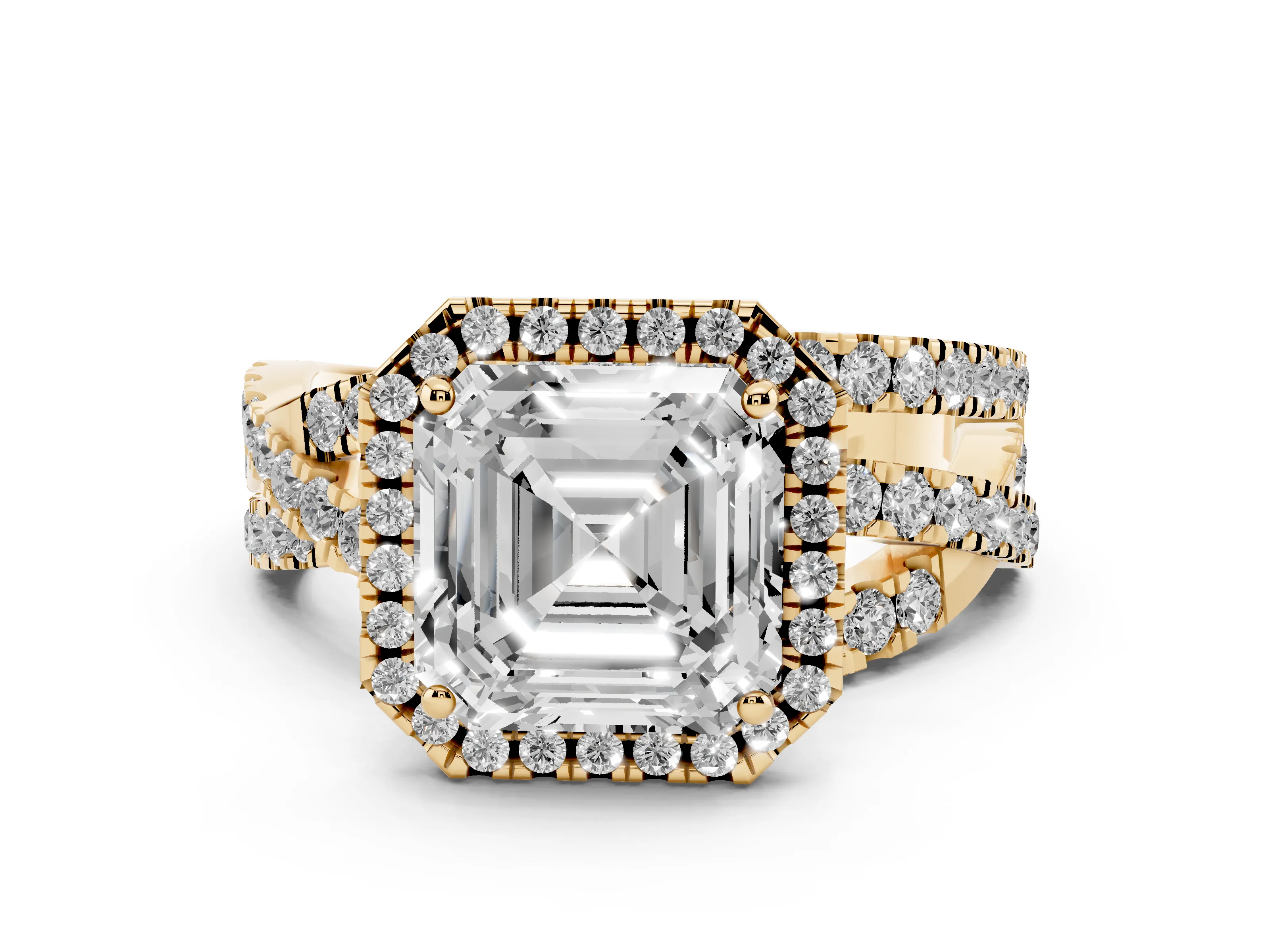 Asscher Cut Diamond Halo Ring Set in Yellow gold with Round Crossover Split Shank and Prong Setting