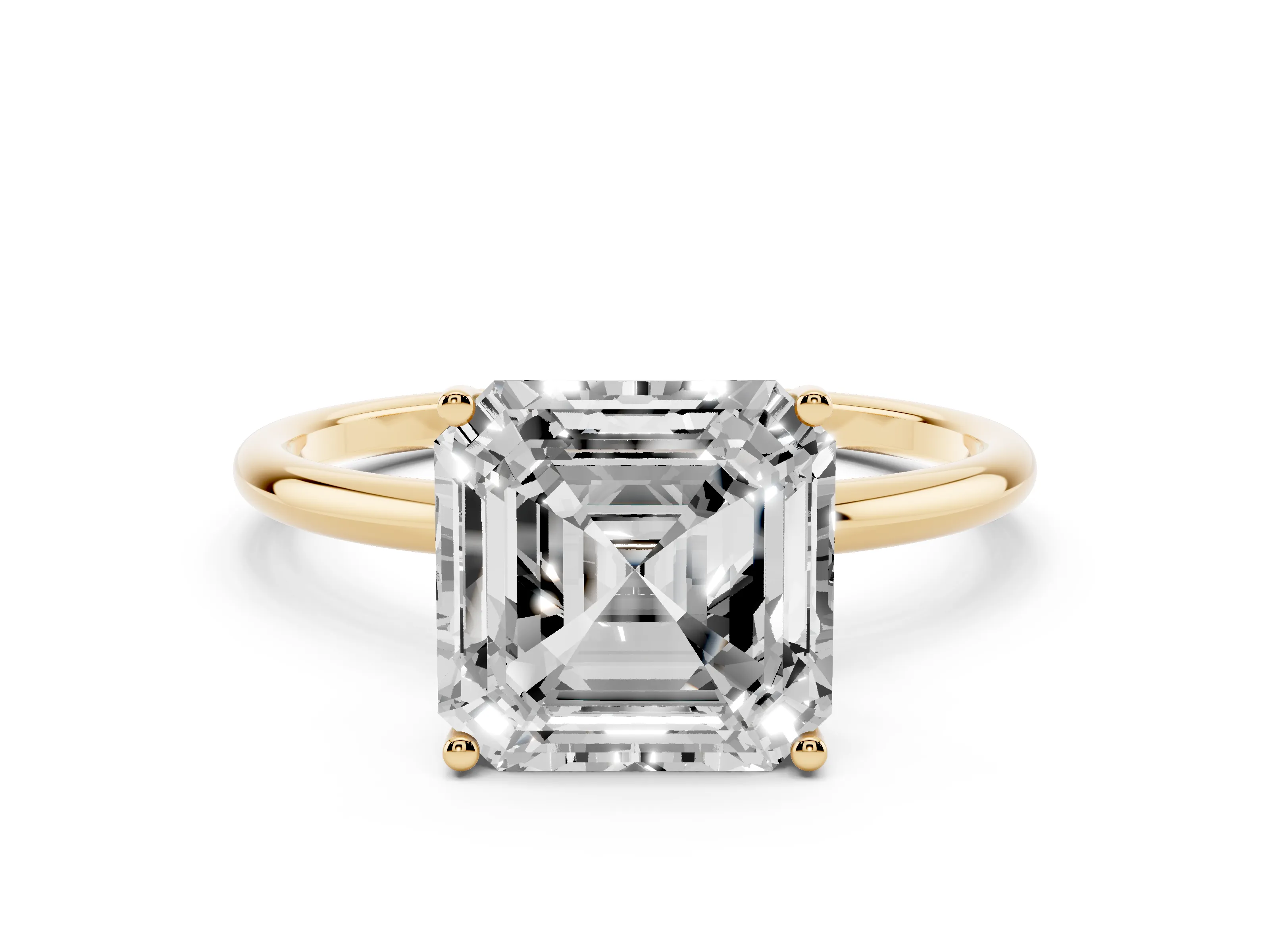 Asscher Cut Diamond Solitaire Engagement Ring Set in Yellow gold with Thin Band and Prong Setting